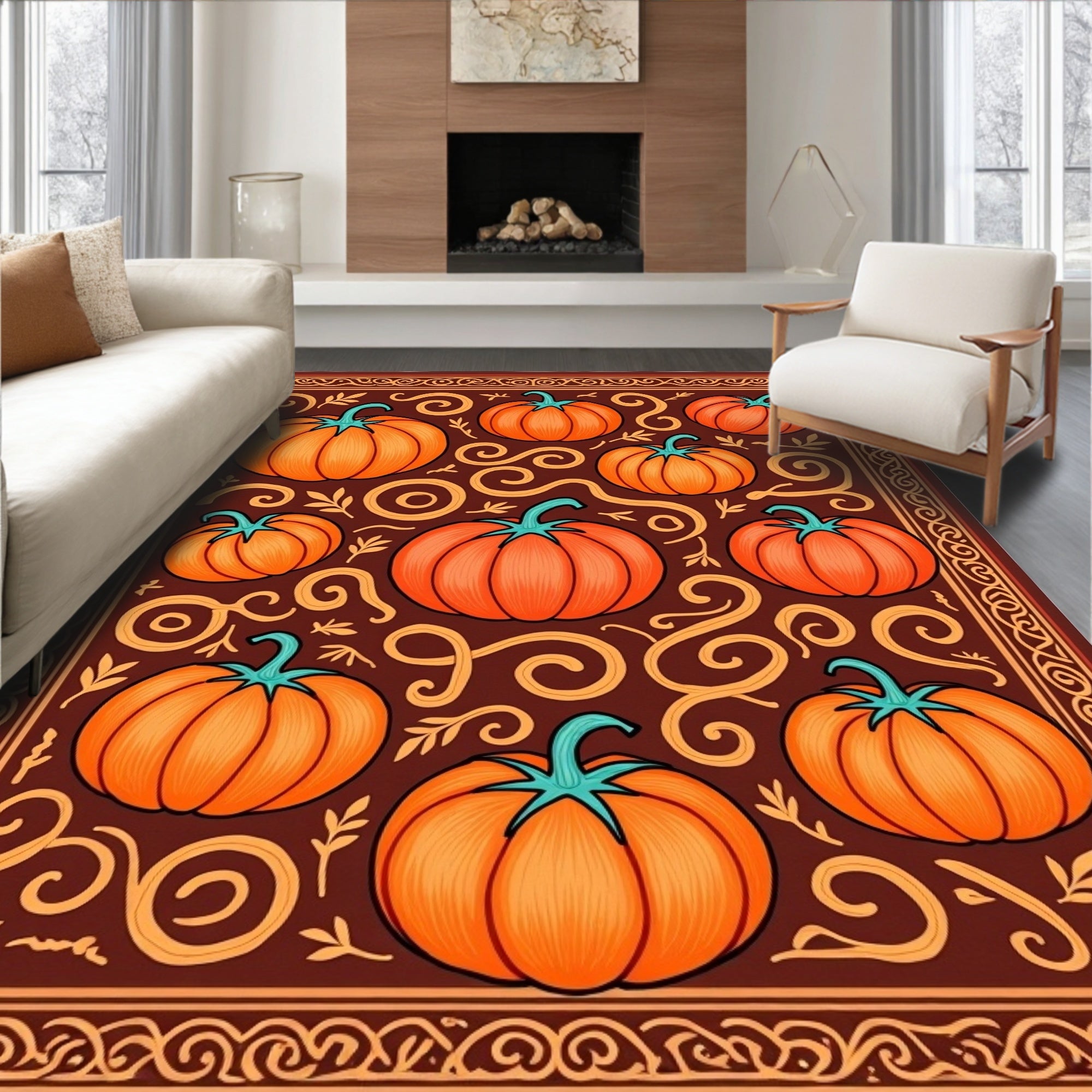 Harvest Orange Pumpkin Swirl Border Rug