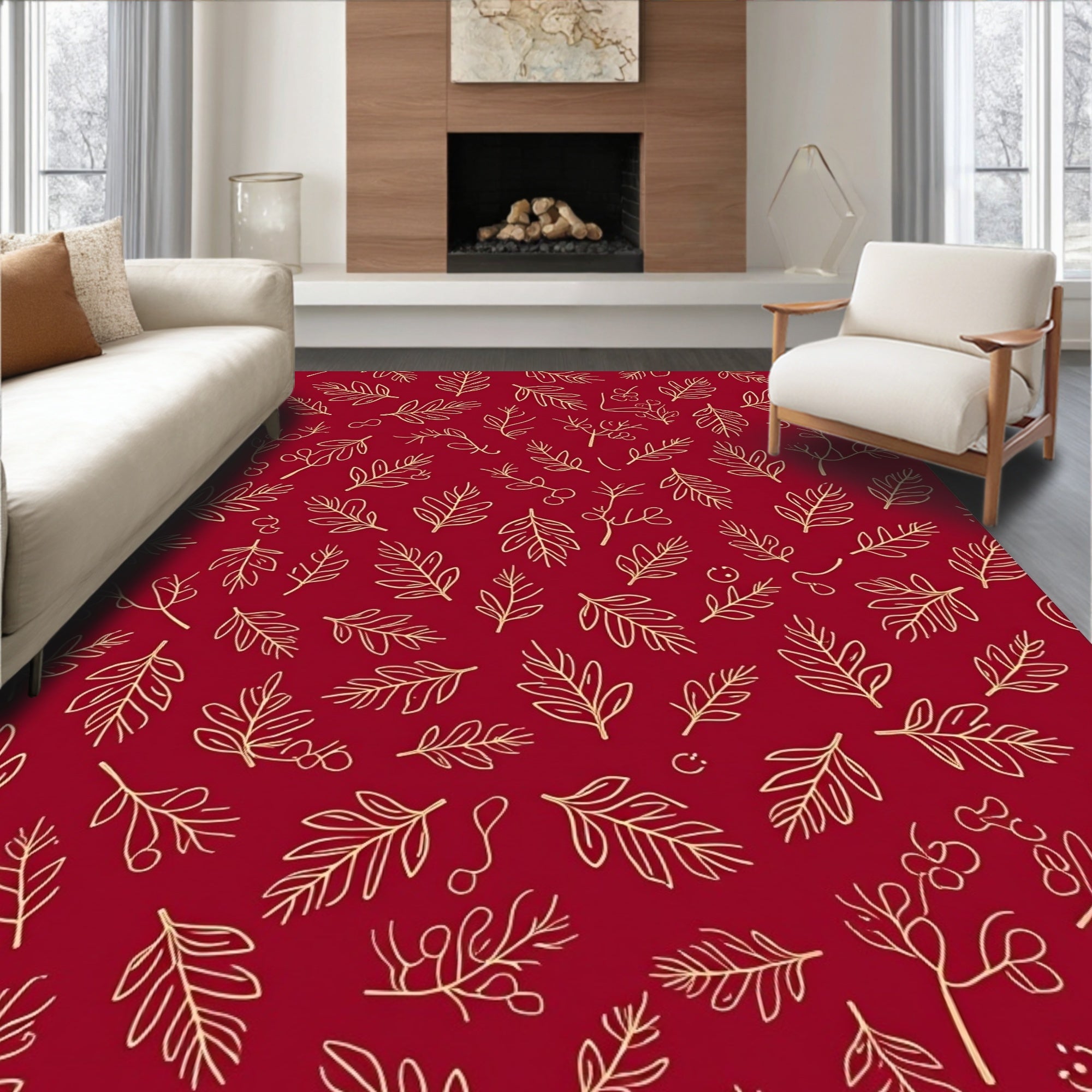 Scarlet Red Outline Floral Sprig Rug