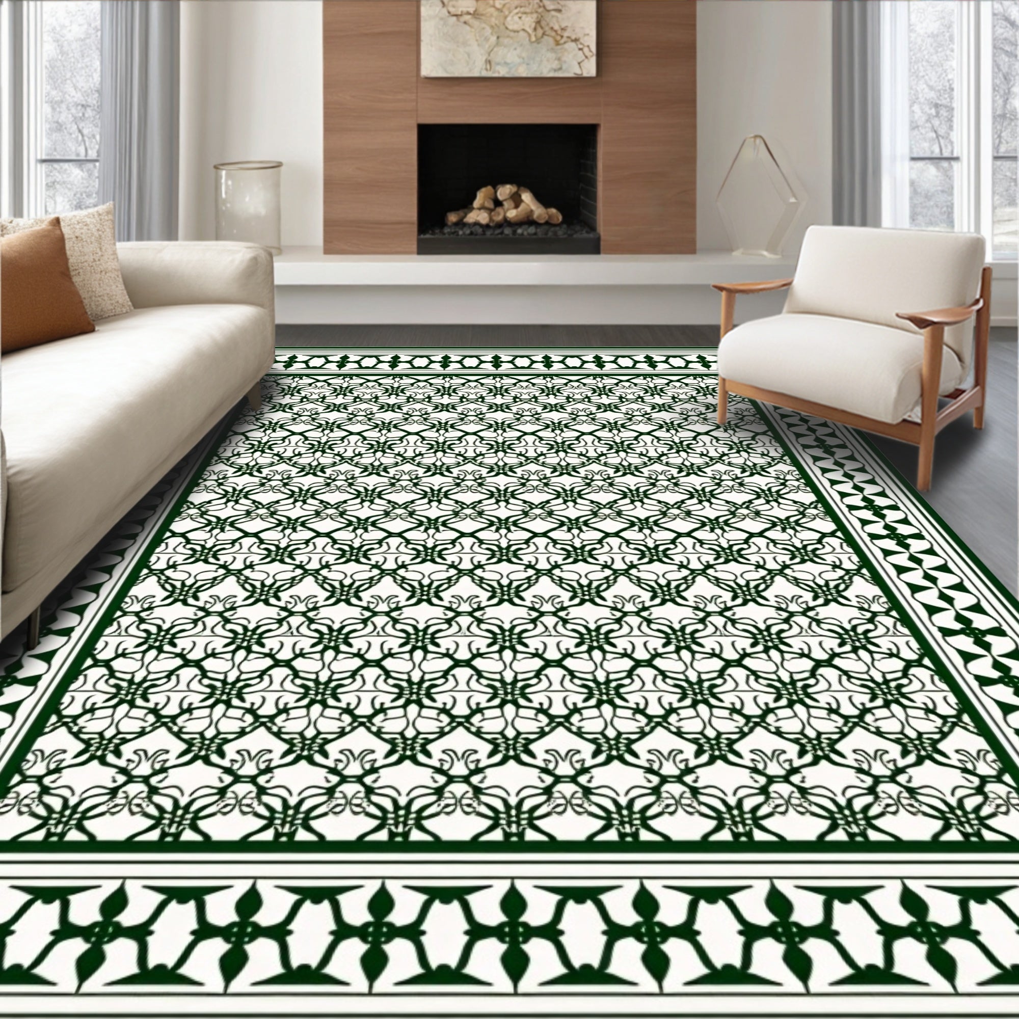 Dark Green Elaborate Lattice Border Rug