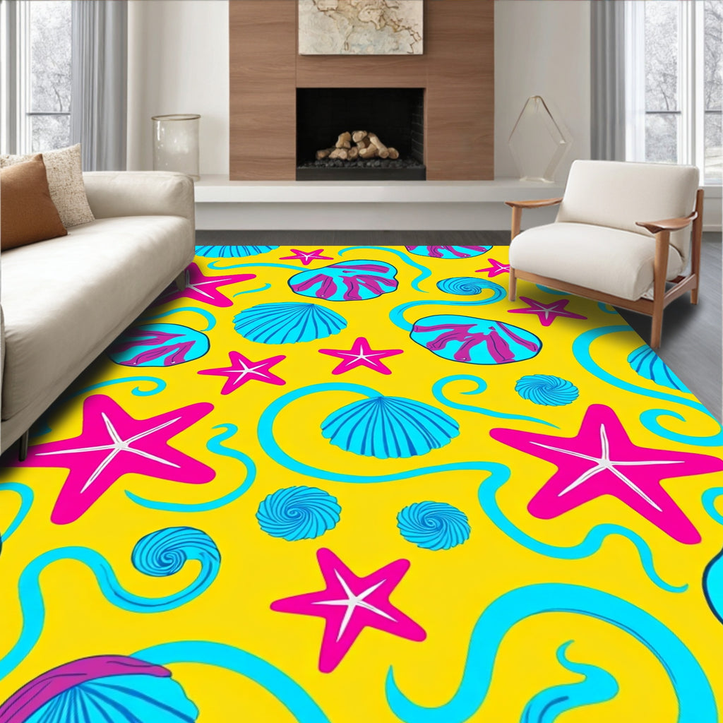 Bright Yellow Seashell Starfish Swirls Rug