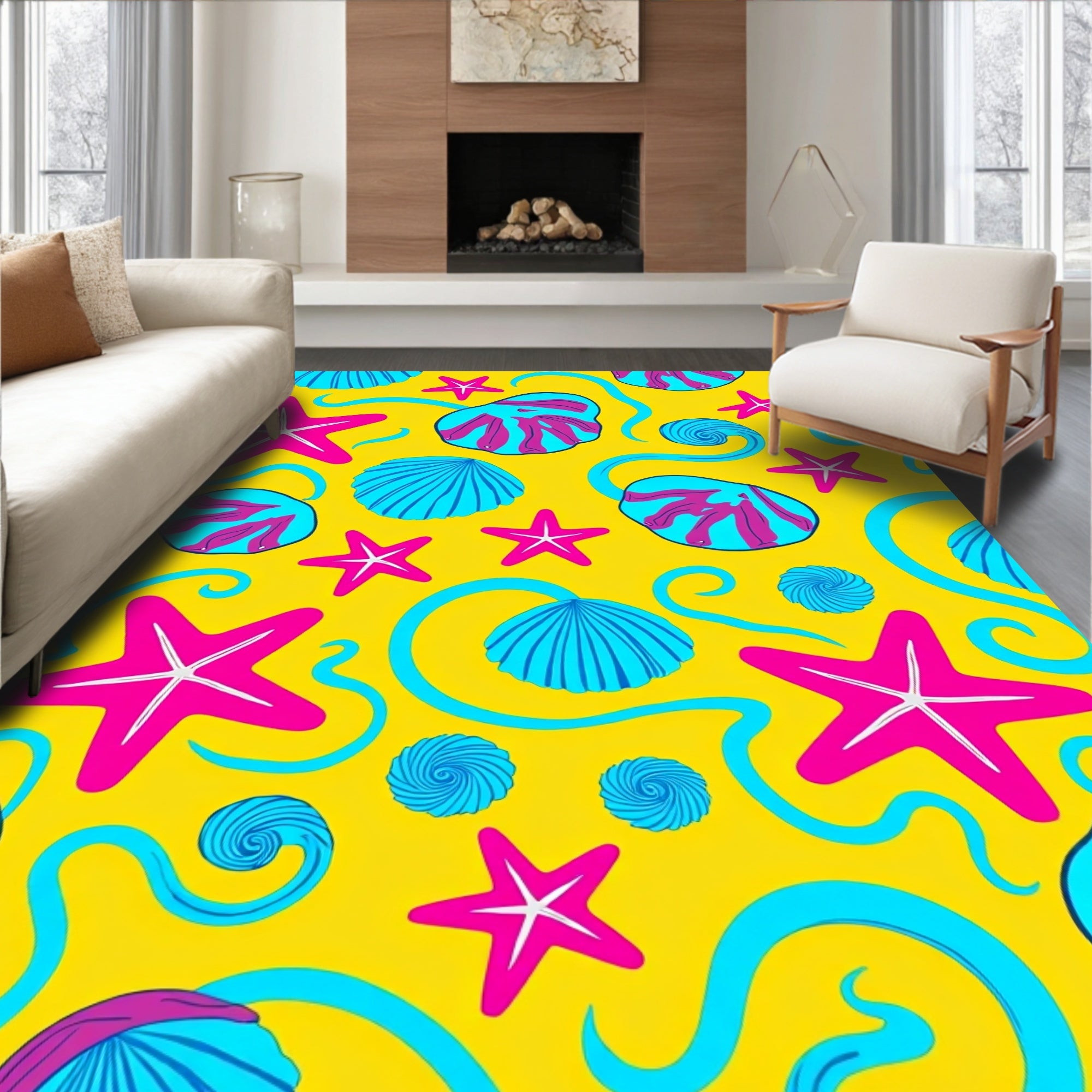 Bright Yellow Seashell Starfish Swirls Rug