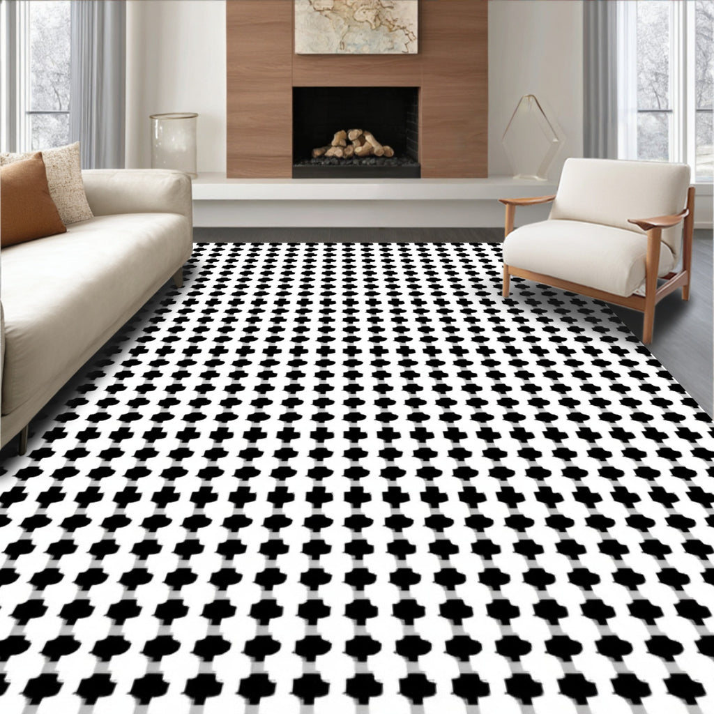 Bold Black White Geometric Grid Rug