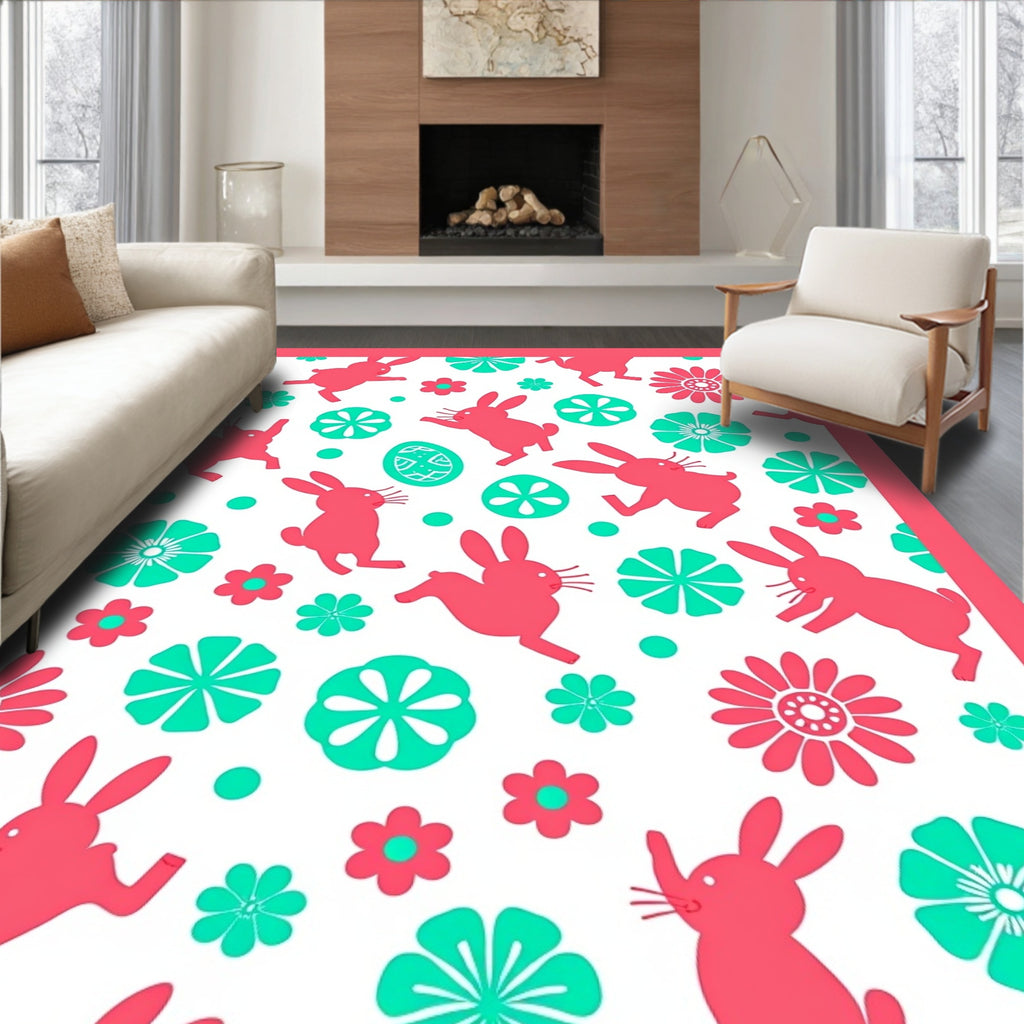 Coral Easter Bunnies Teal Flowers Round Rug
