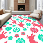 Coral Easter Bunnies Teal Flowers Round Rug