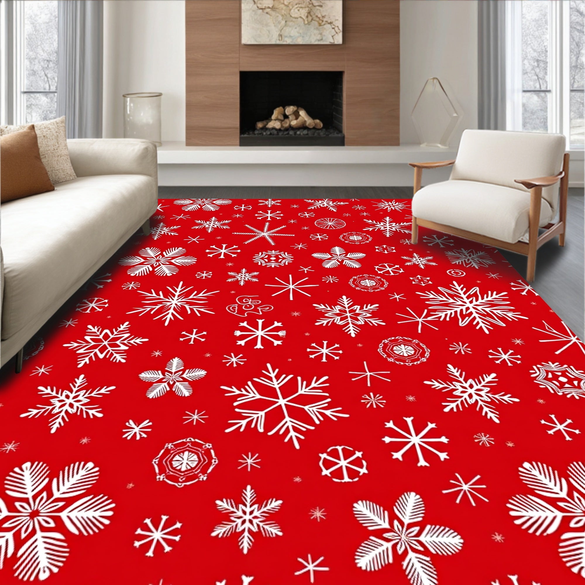 White Snowflakes on Red Canvas Rug