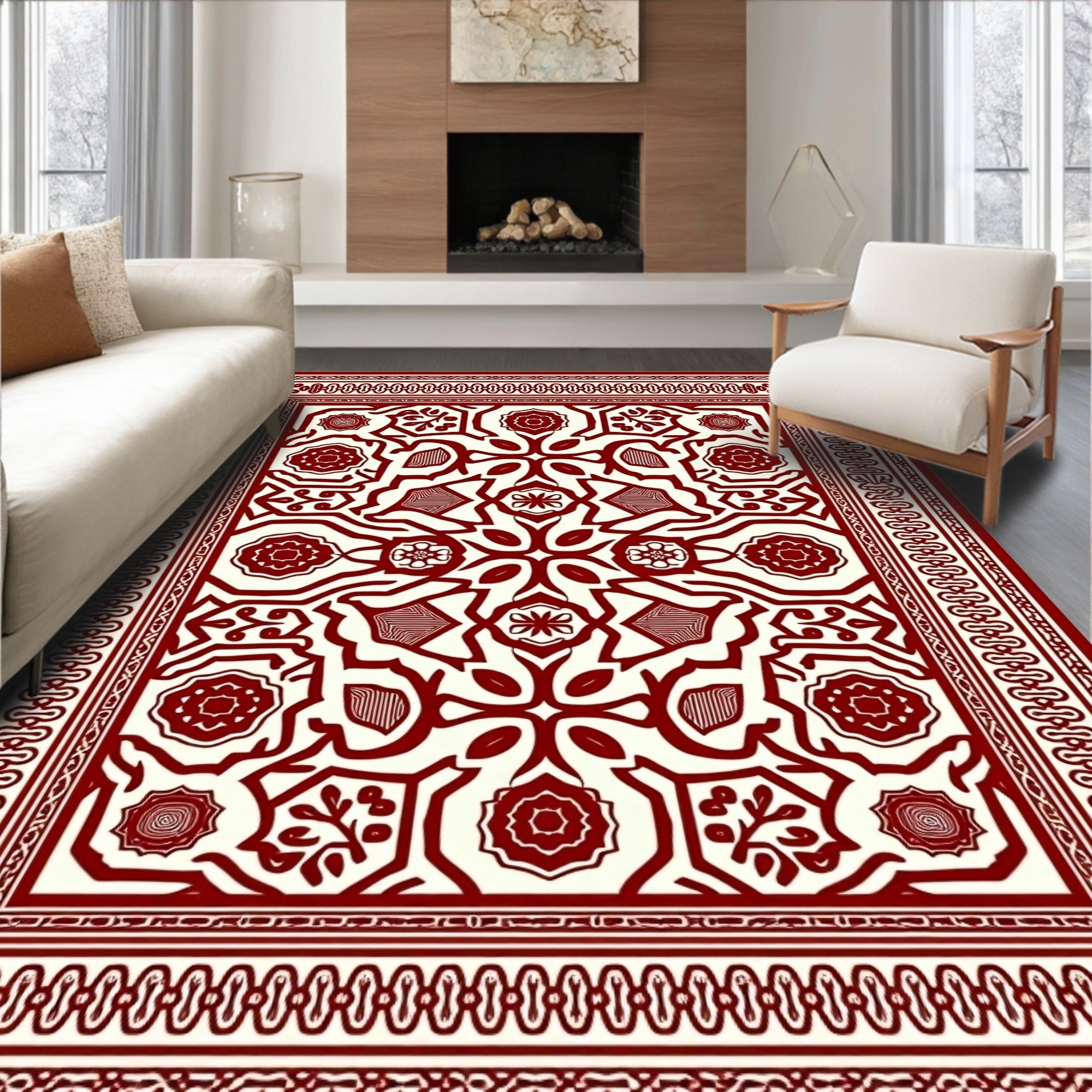 Crimson Botanical Symmetry Border Art Rug