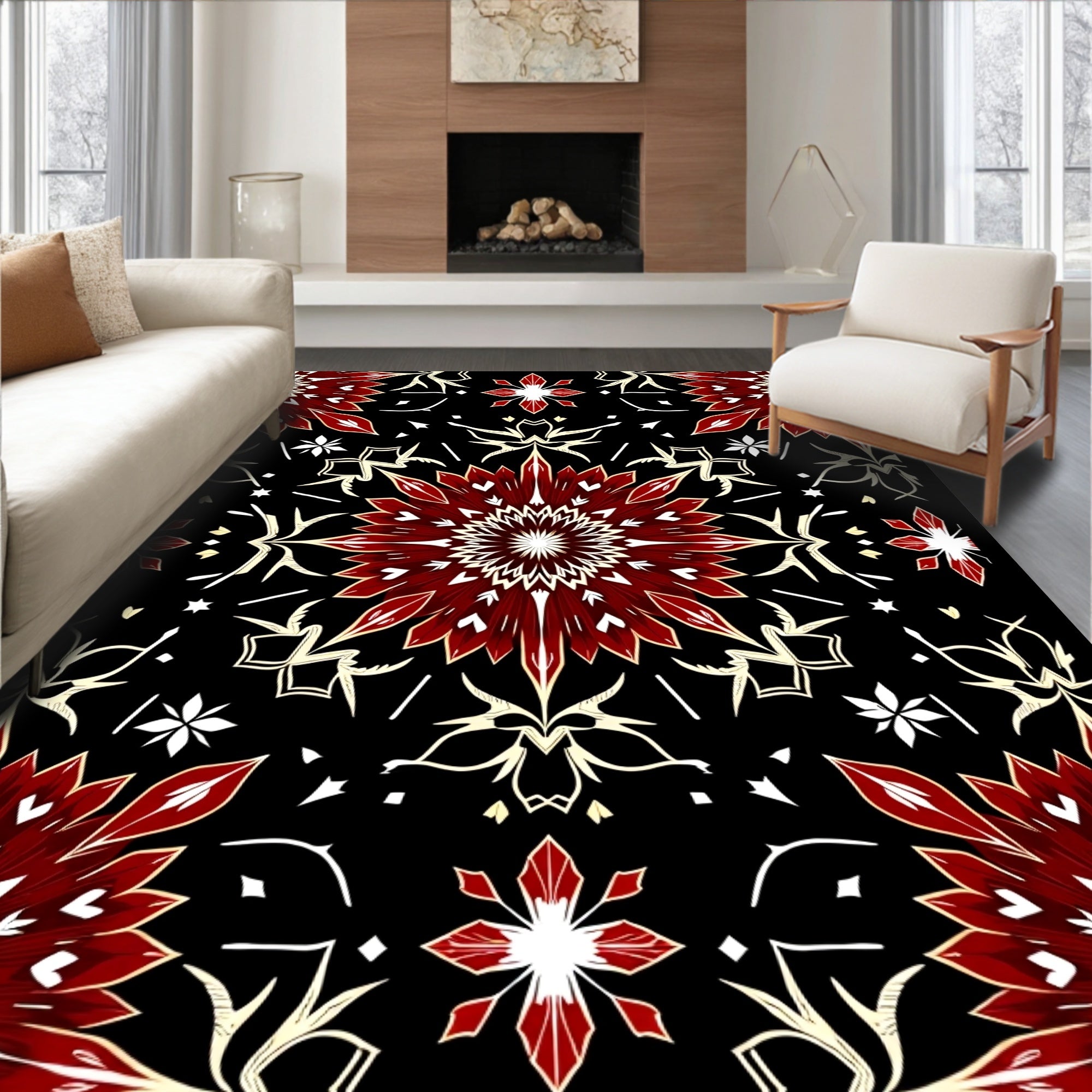 Crimson Petal Starburst Mandala Rug