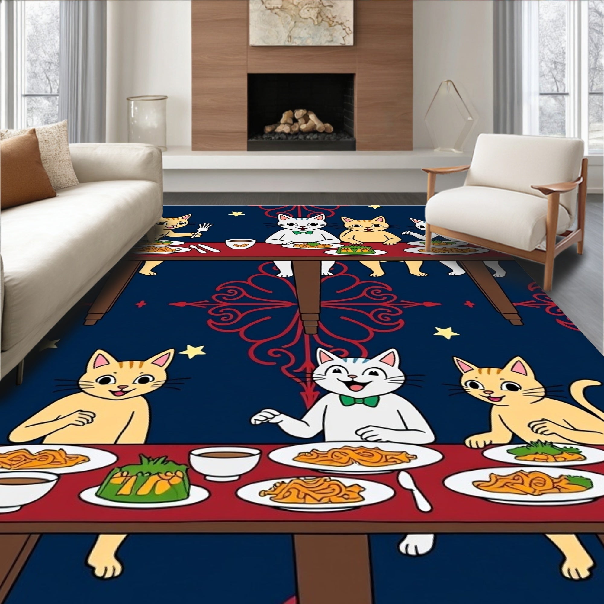 Whimsical Feline Dinner Party Stars Rug