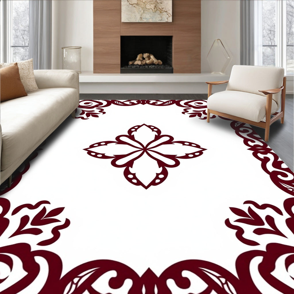 Deep Crimson Floral Medallion Border Rug