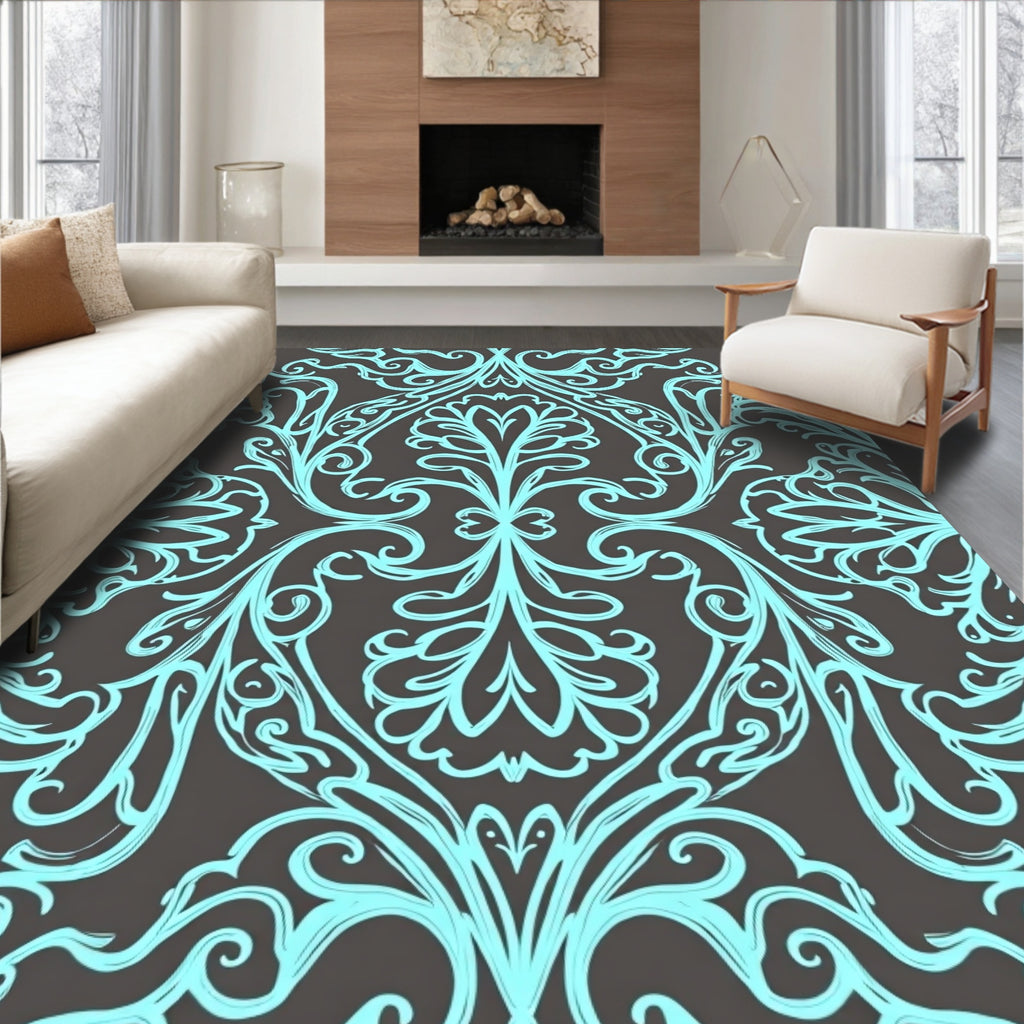 Aqua Swirl Baroque Damask Rug