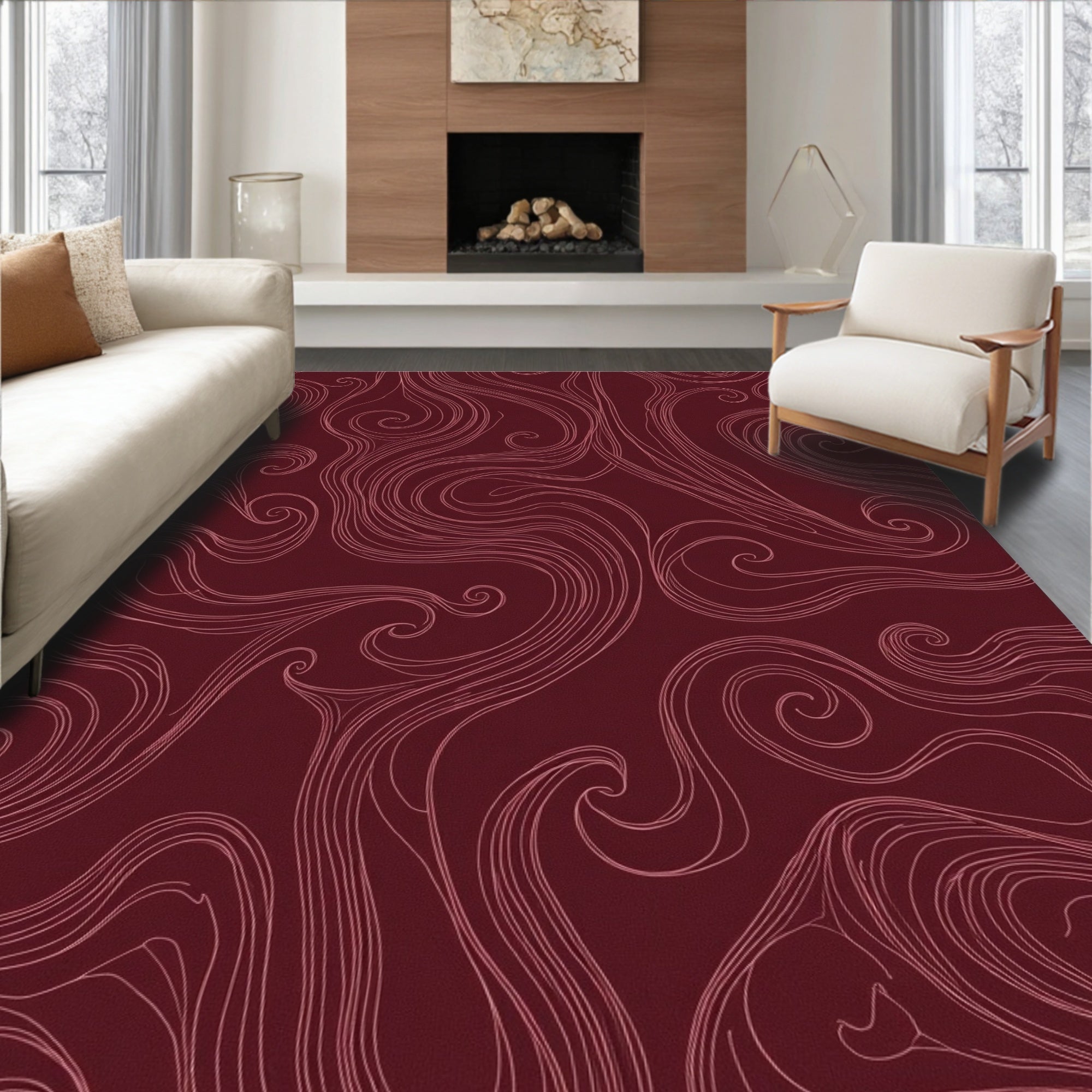 Deep Burgundy Swirl Abstract Rug