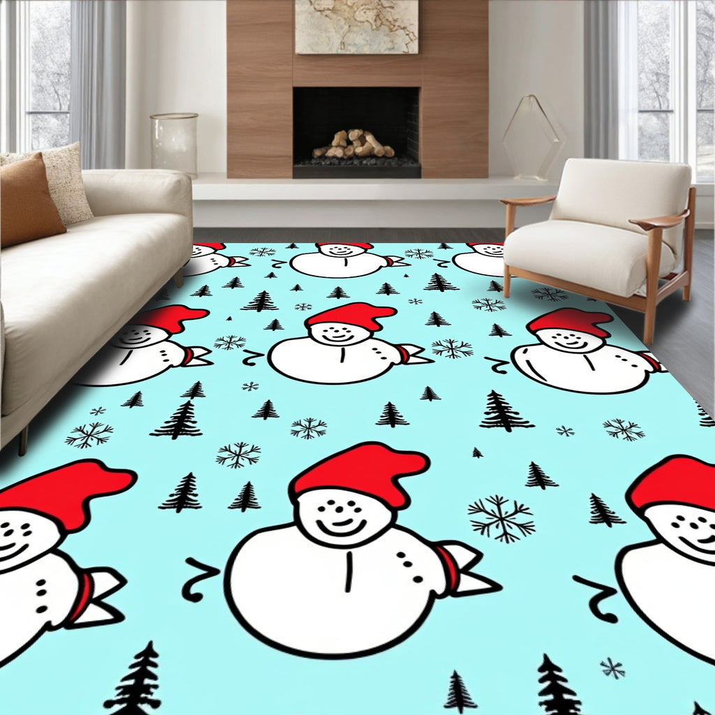 Whimsical Snowman Red Hat Christmas Wonderland Rug