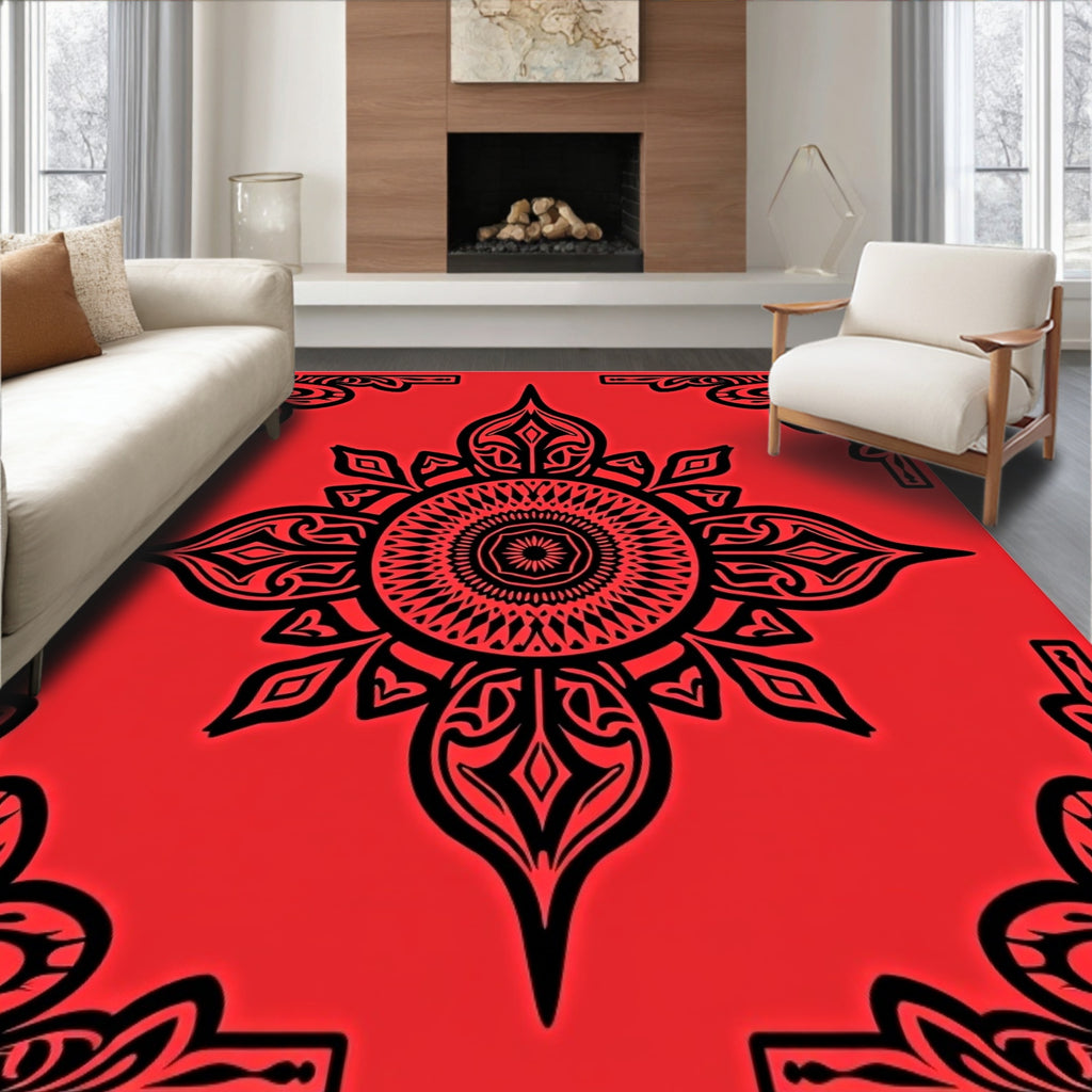 Bold Black Mandala Red Rug