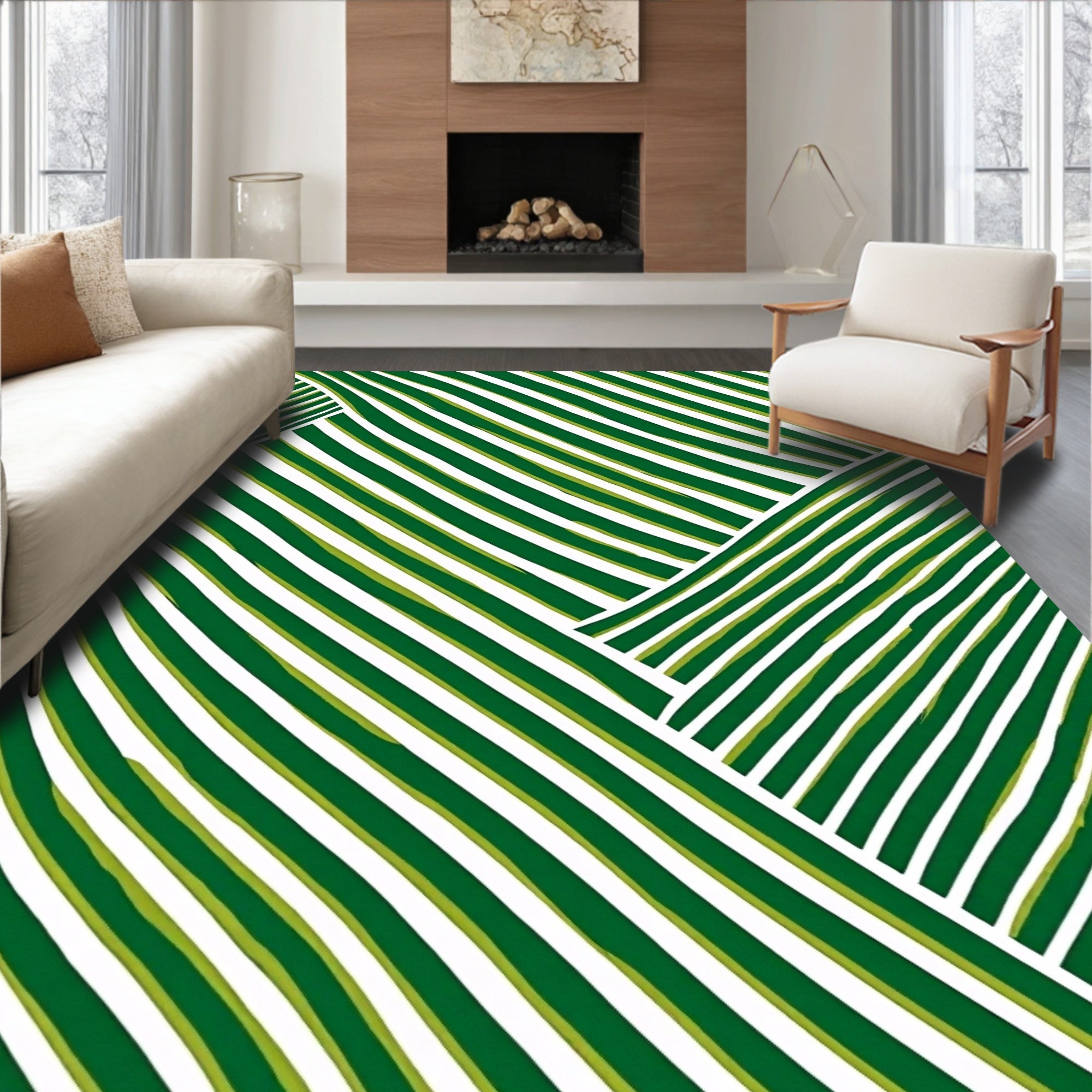 Deep Green White Wavy Stripe Rug