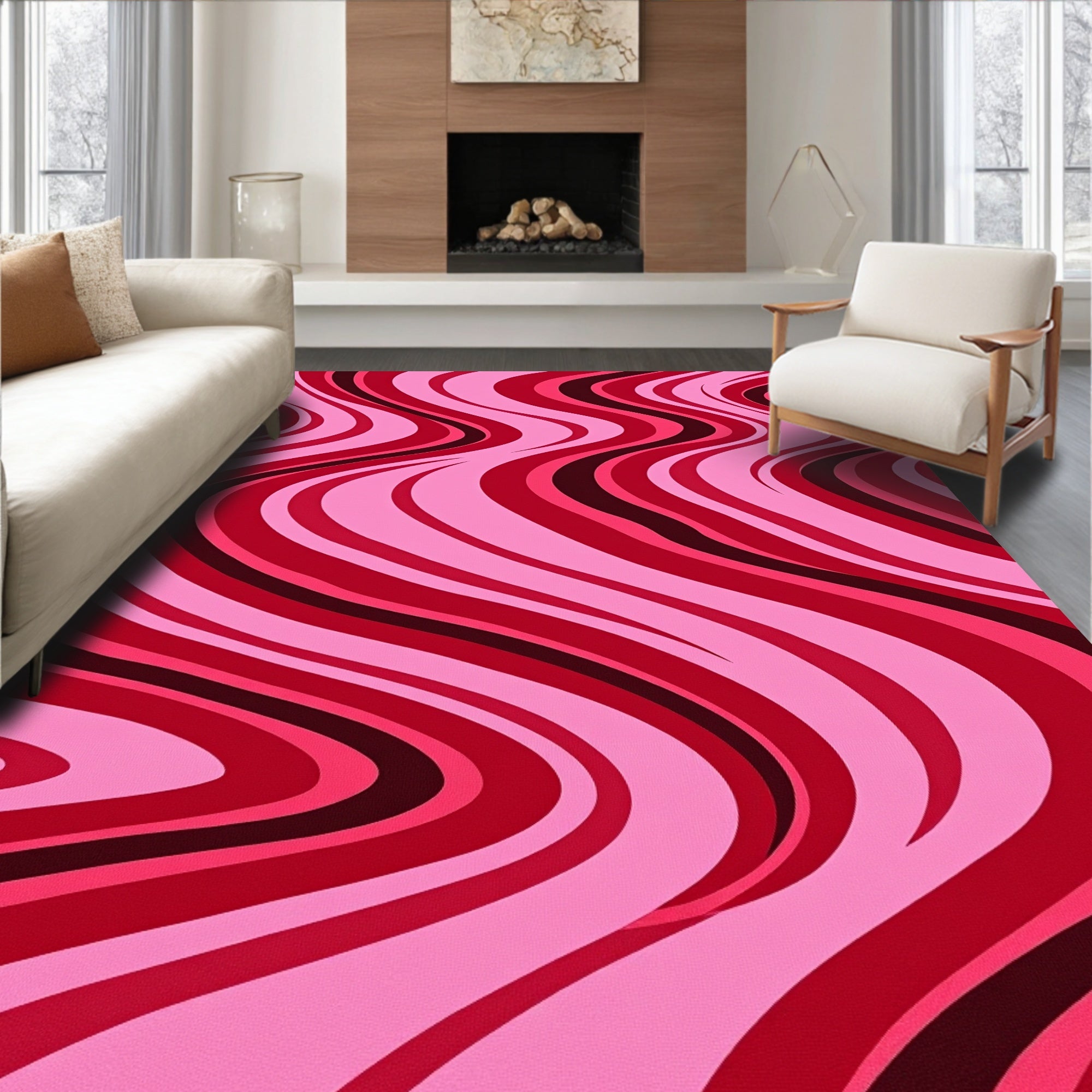 Vibrant Pink Red Swirl Waves Rug