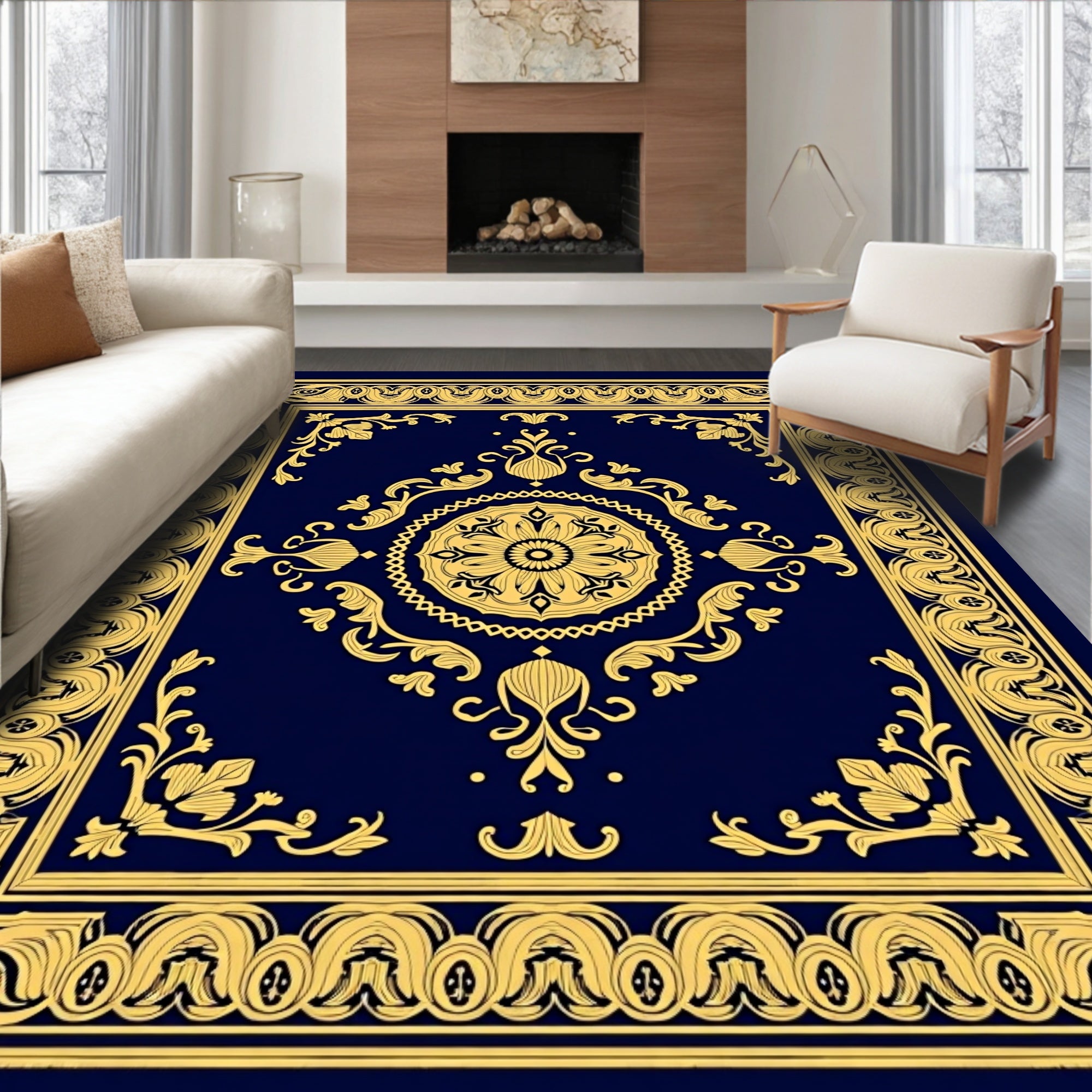Elegant Gold Floral Medallion Navy Rug