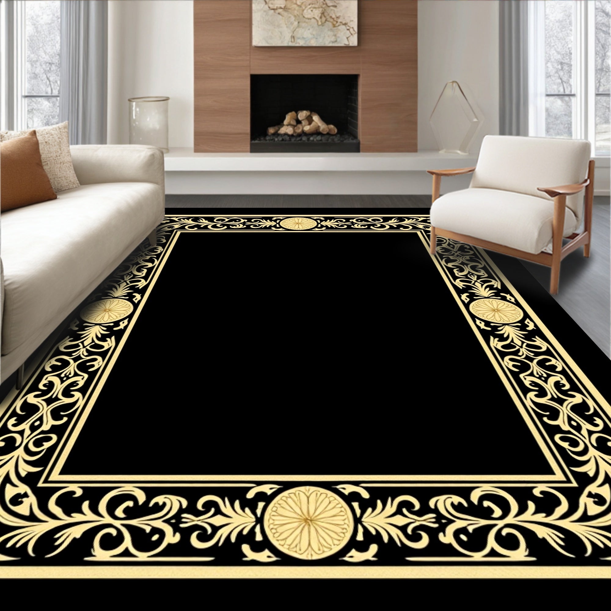 Golden Floral Scrollwork Medallion Border Rug