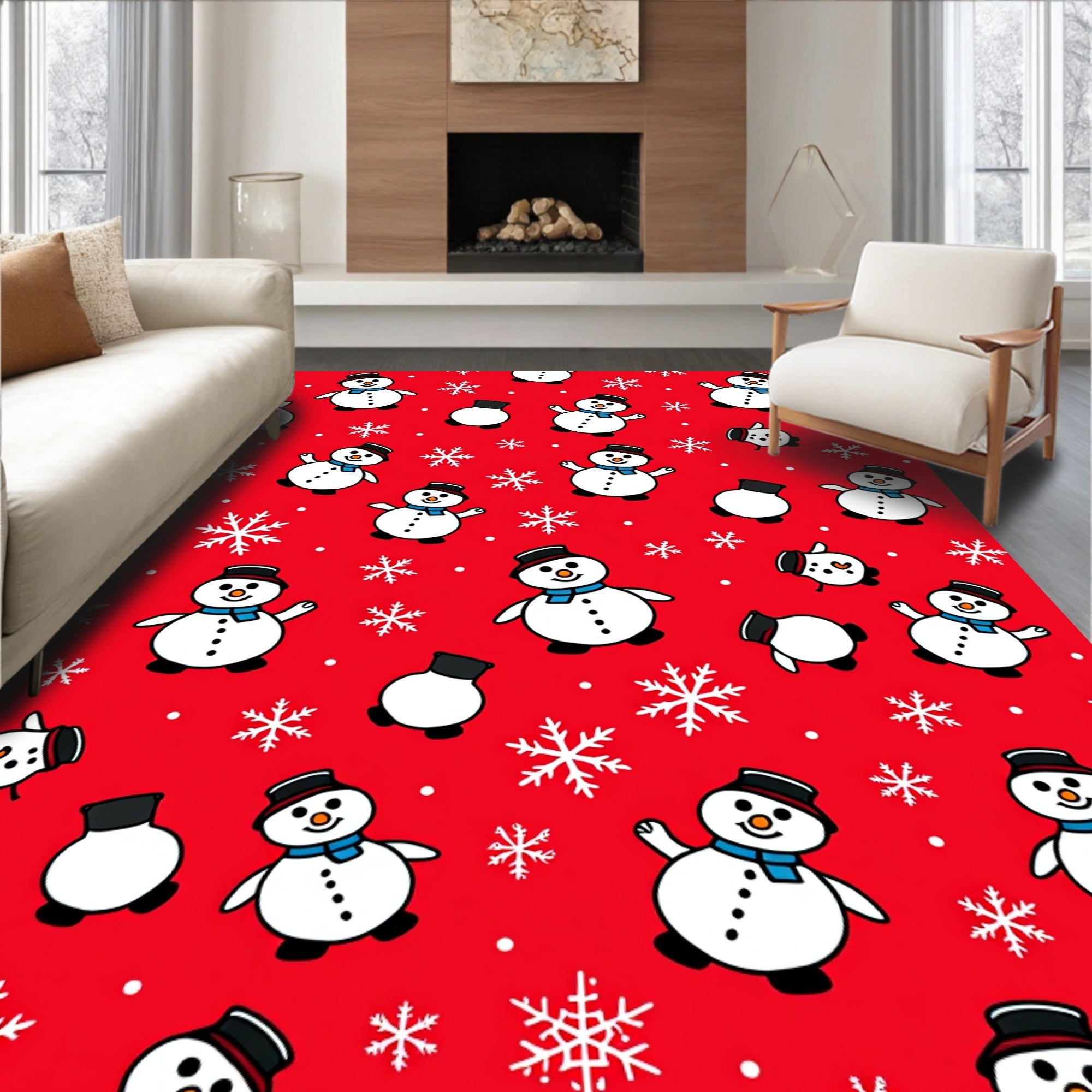 Festive Snowman And Snowflake Repeating Pattern Rug