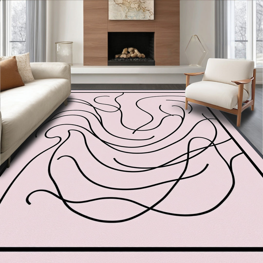 Soft Pink Black Swirl Abstract Rug