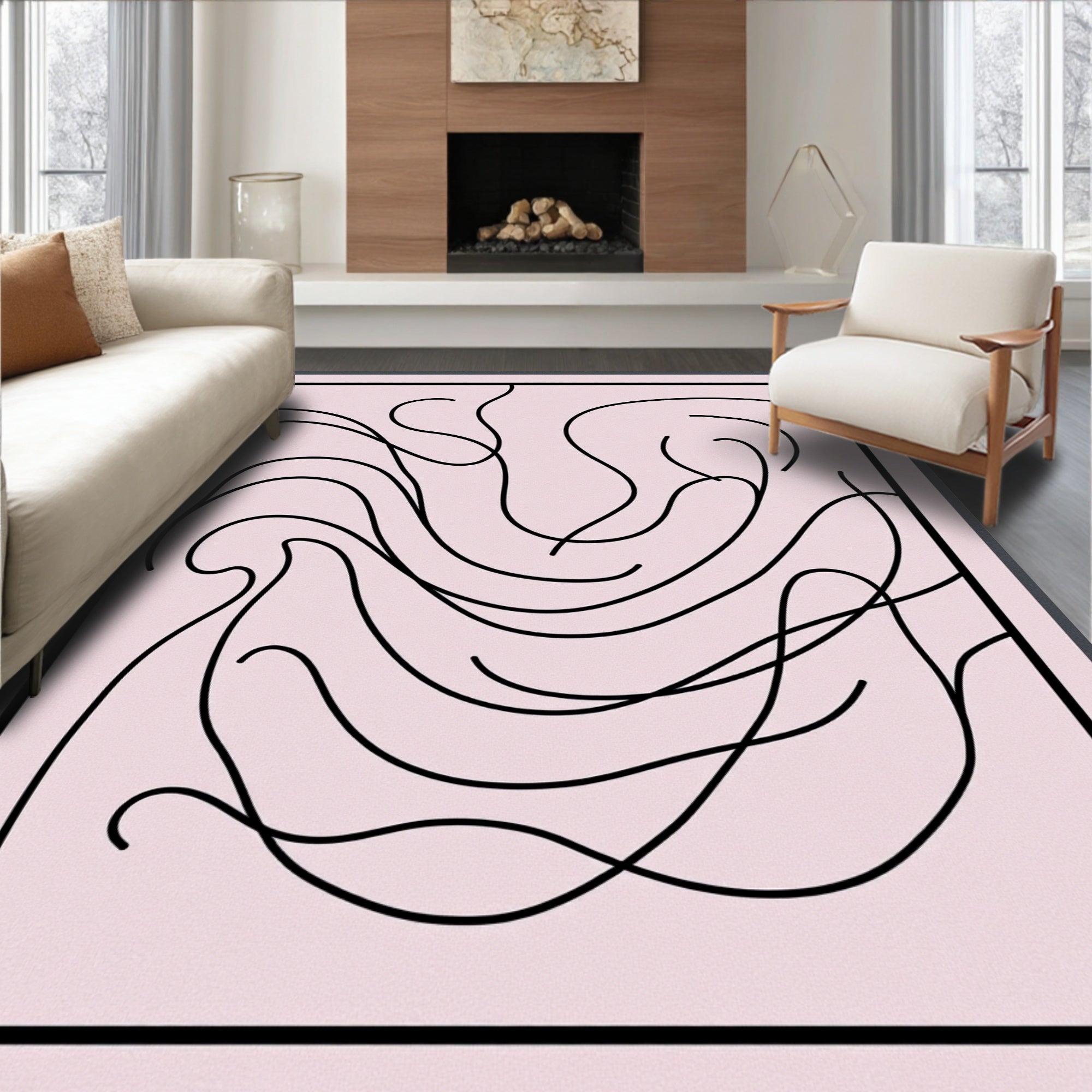 Soft Pink Black Swirl Abstract Rug