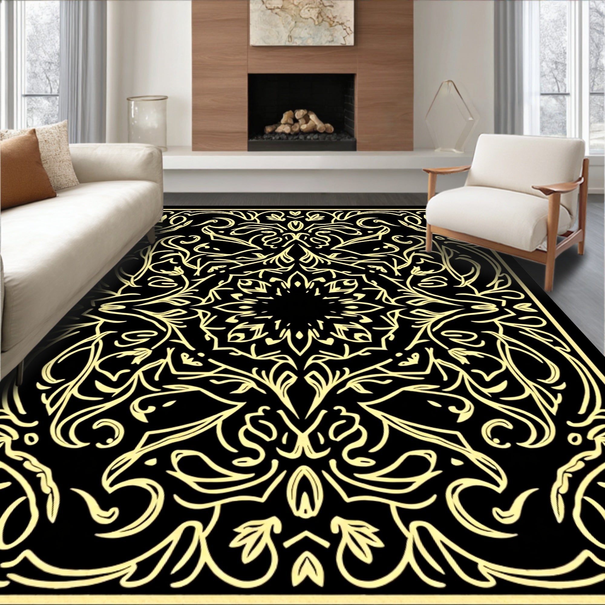 Black and Gold Stylized Mandala Rug