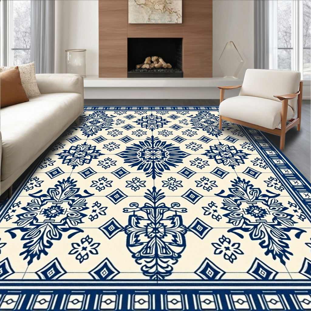 Classic Blue White Floral Medallion Tile Rug
