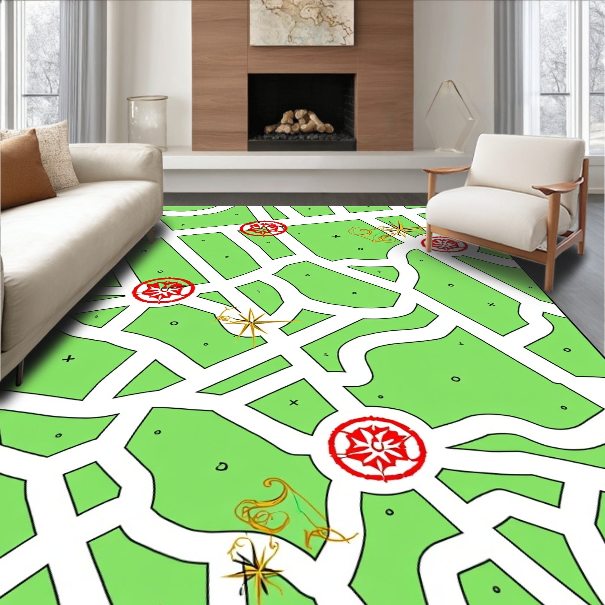 Red Crested Green Park Map Rug