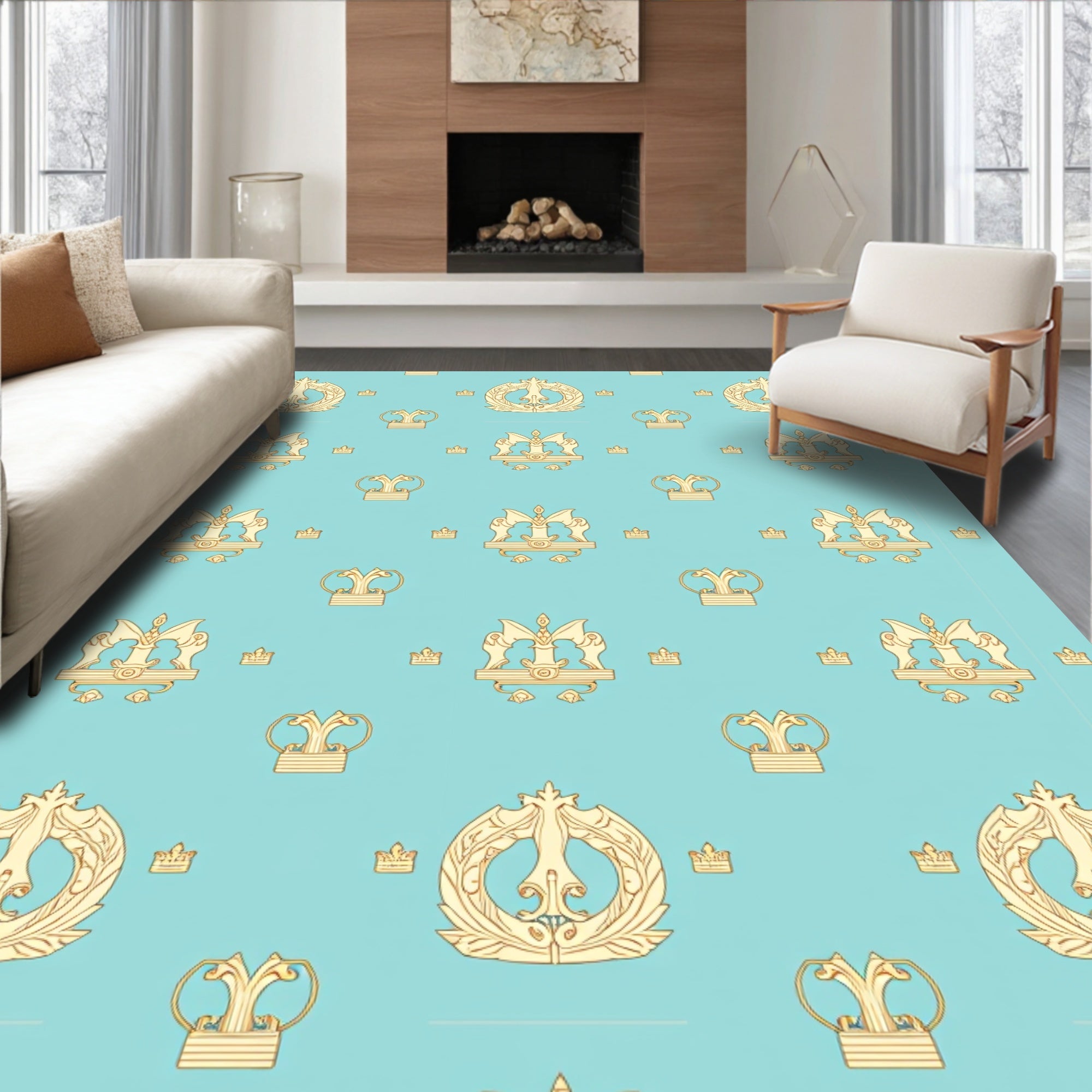Golden Crown Medallion Aqua Background Rug