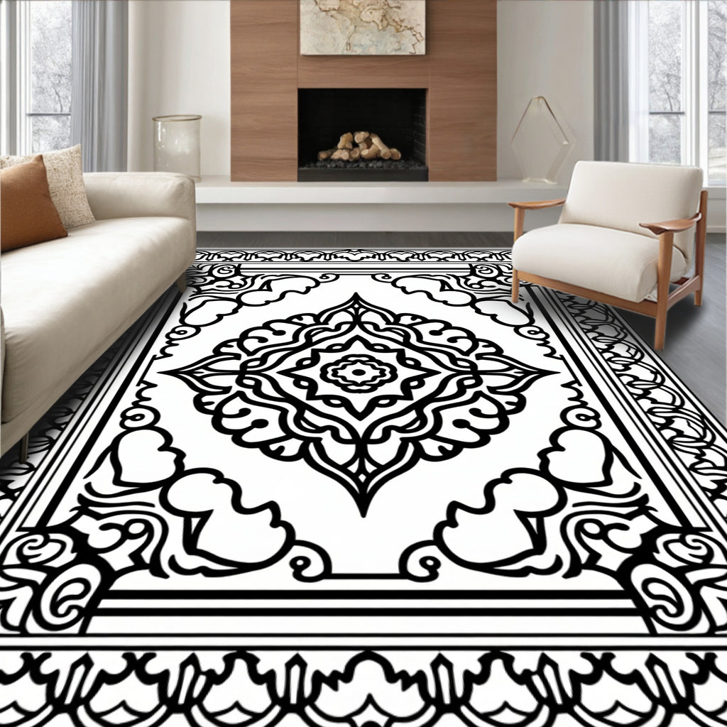 Monochromatic Central Medallion Floral Border Rug