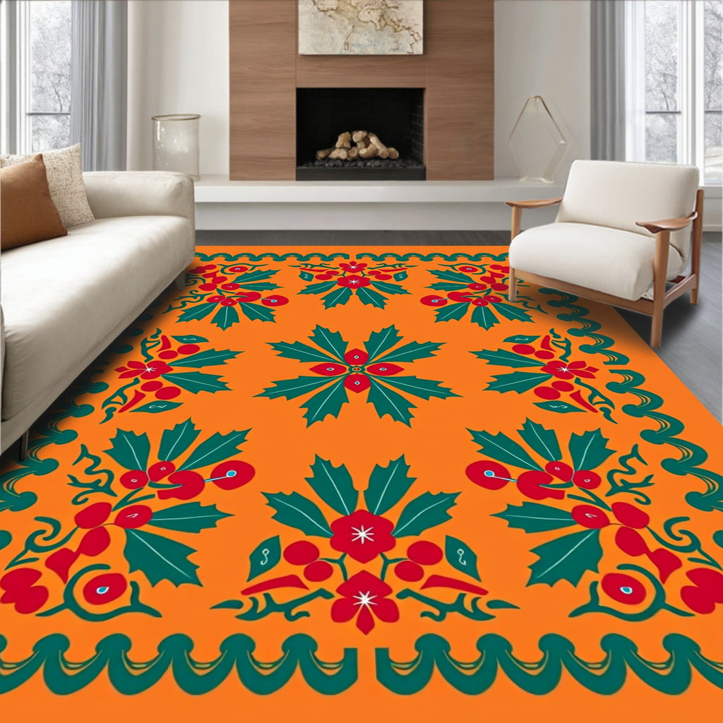 Vibrant Red Green Holly Berry Border Rug