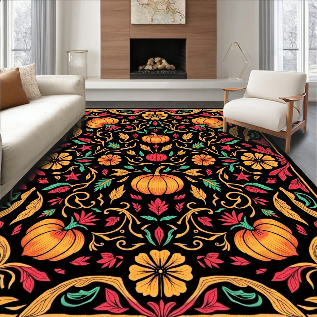 Autumn Pumpkin Floral Scroll Black Rug
