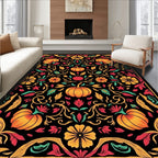 Autumn Pumpkin Floral Scroll Black Rug