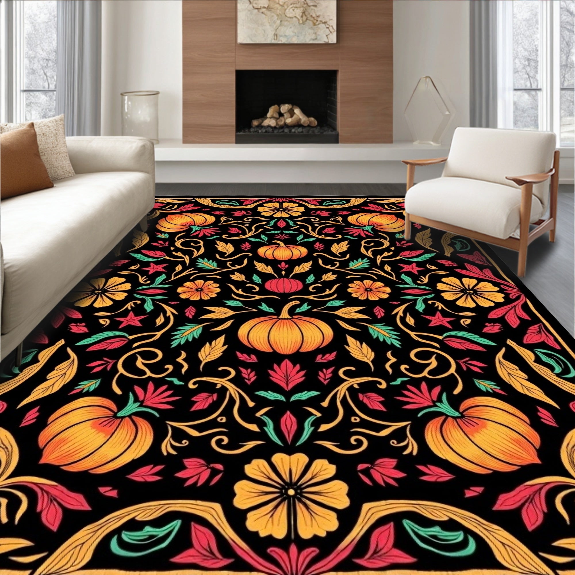 Autumn Pumpkin Floral Scroll Black Rug