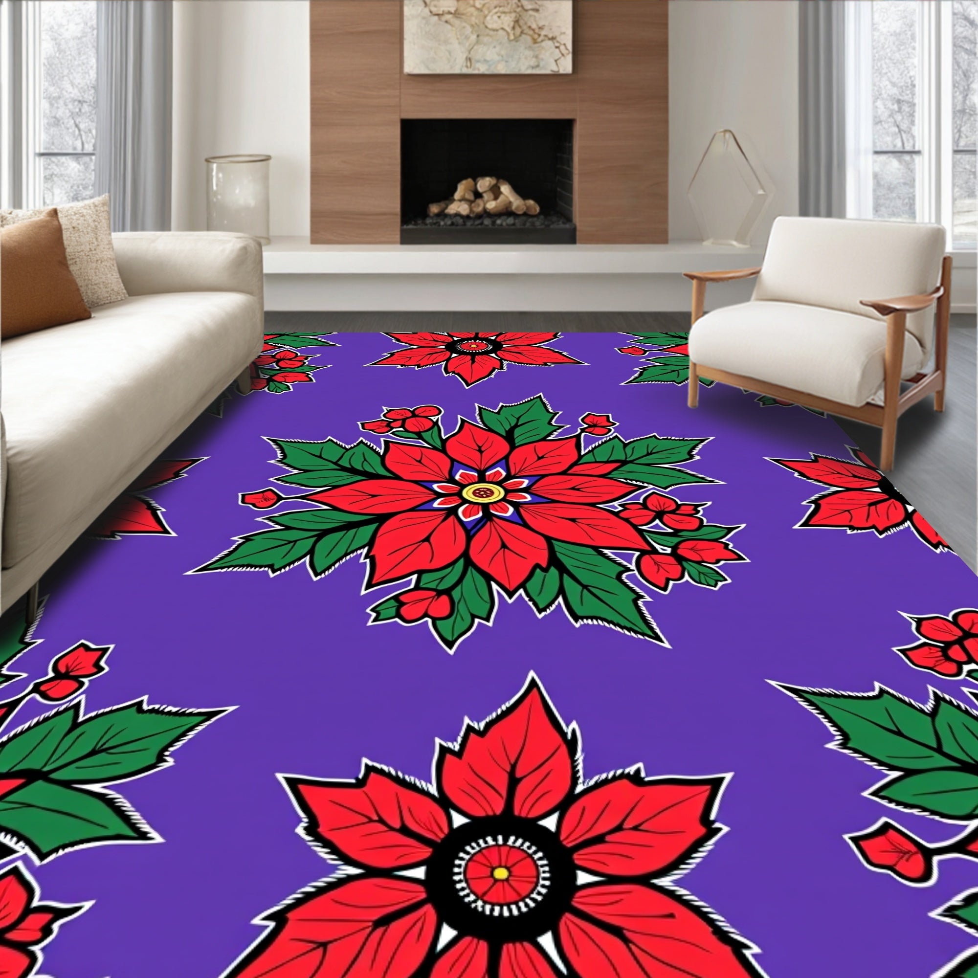 Vibrant Red Poinsettia Floral Background Rug