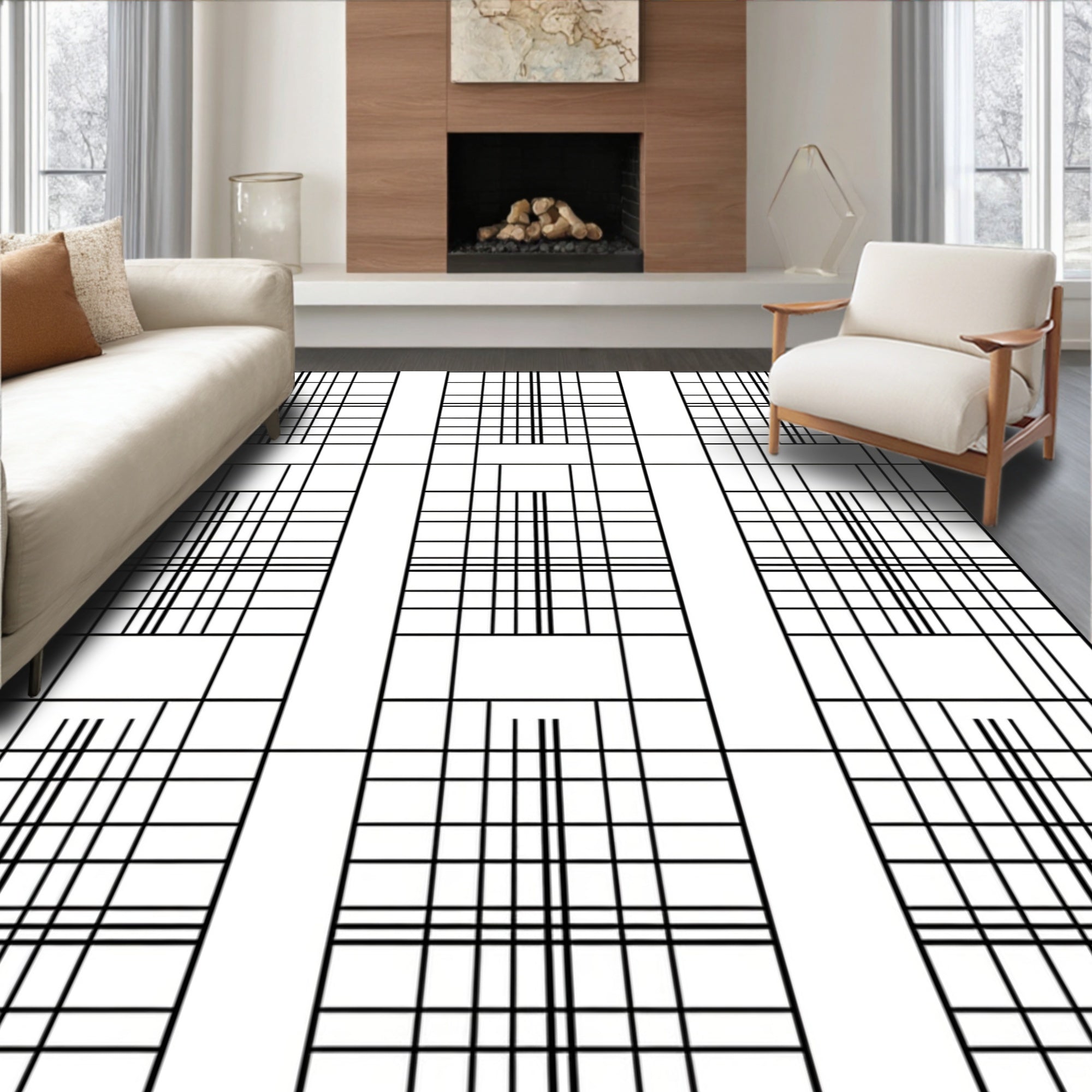 Minimalist Black White Geometric Grid Rug