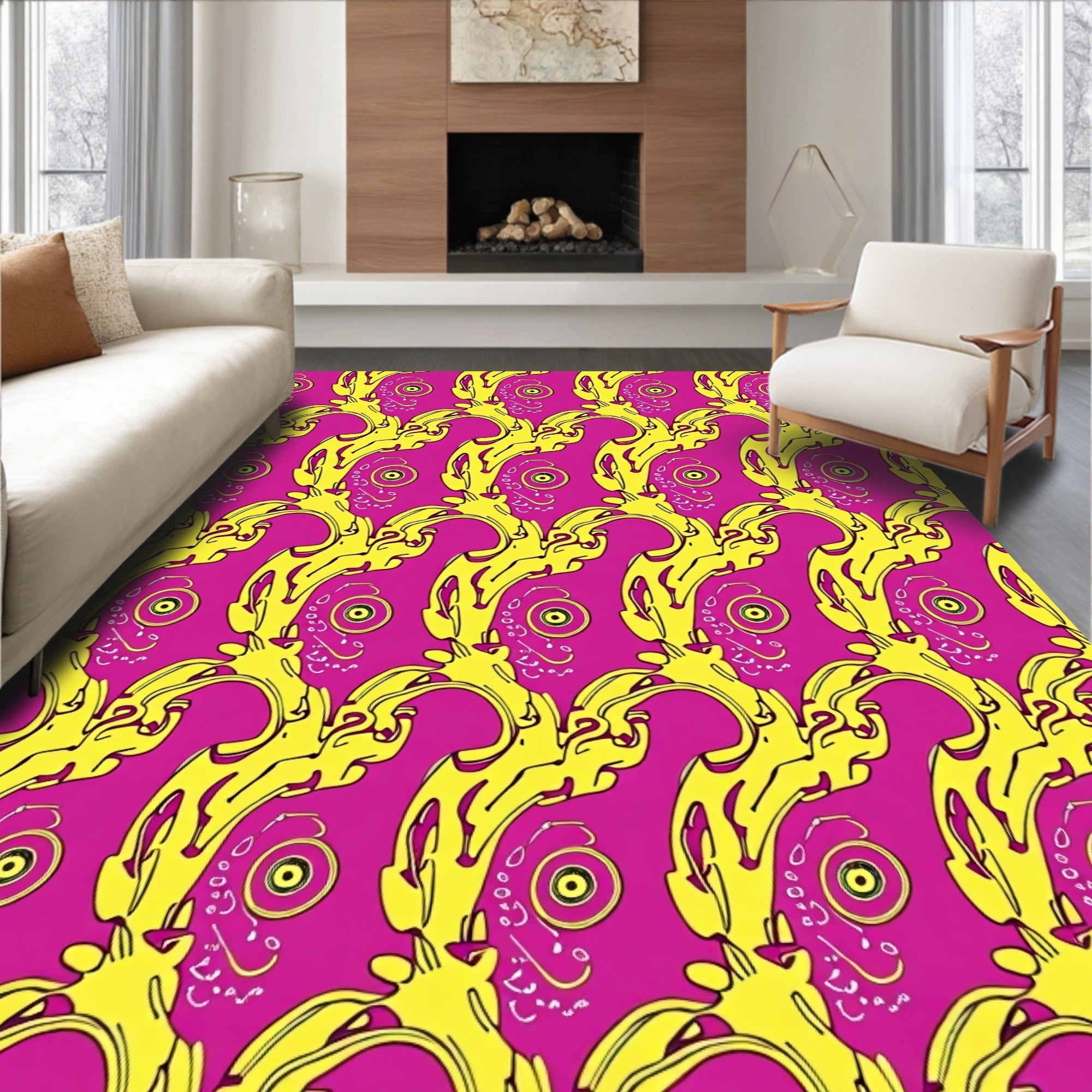 Vibrant Magenta Yellow Organic Flow Rug