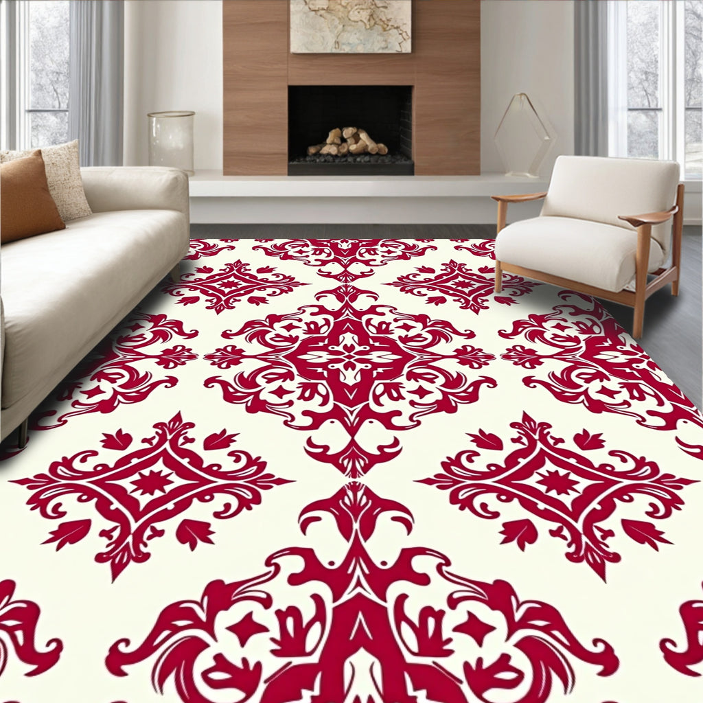 Crimson Damask Scrollwork Medallion Rug