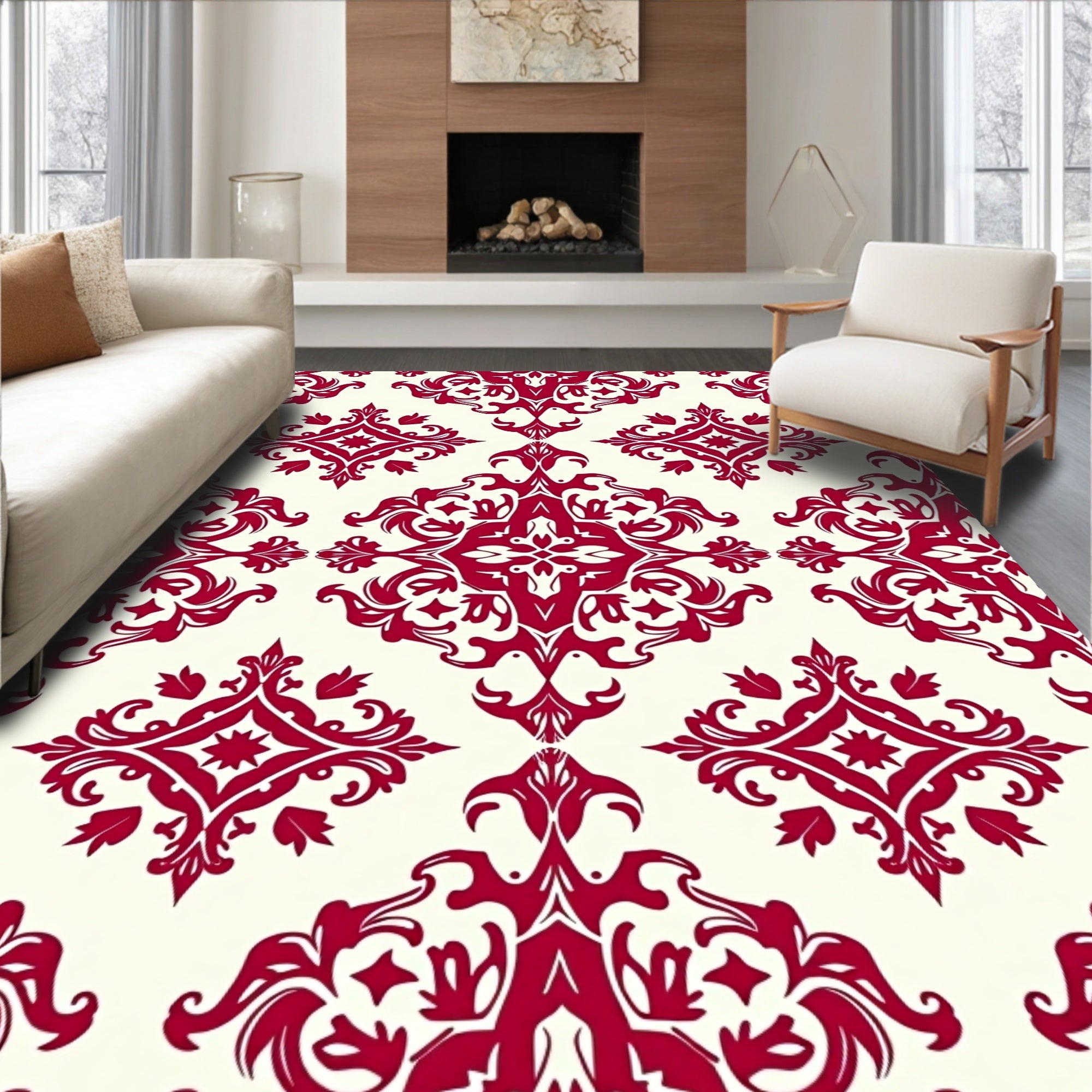 Crimson Damask Scrollwork Medallion Rug