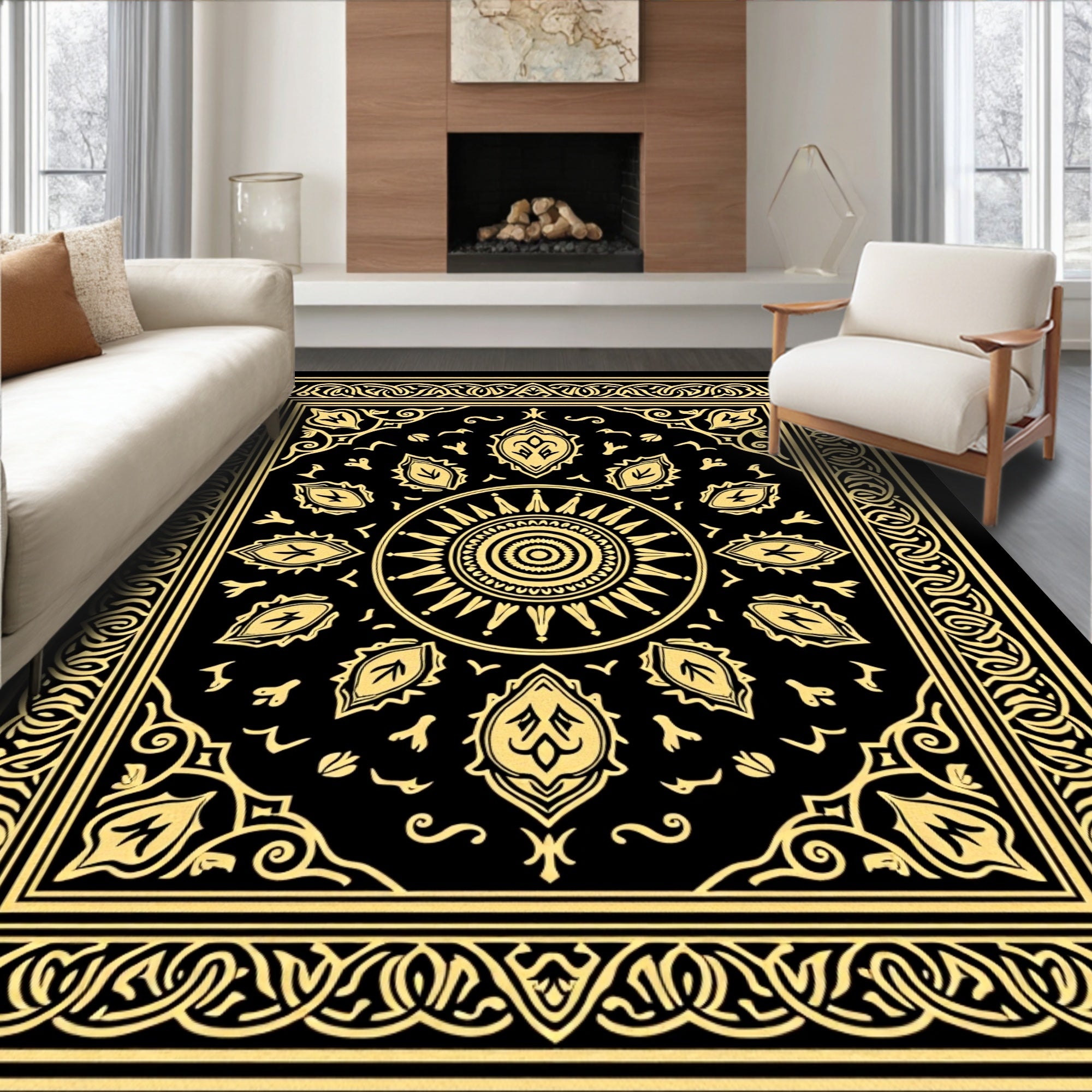 Golden Black Sun Medallion Border Rug