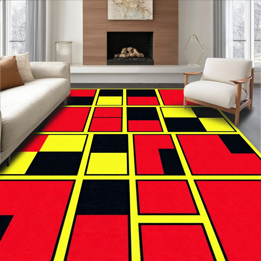 Modern Geometric Red Yellow Black Blocks Rug