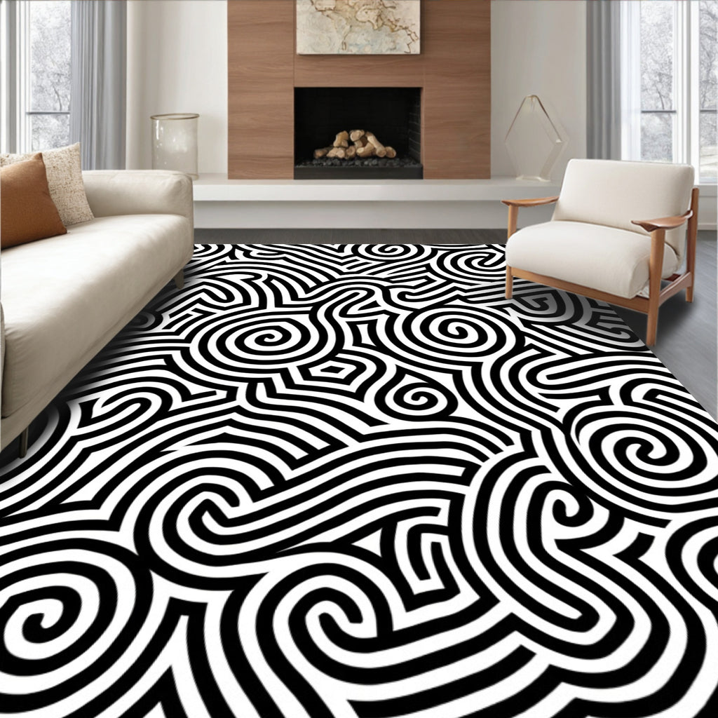 Bold Black White Swirl Maze Rug
