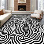 Bold Black White Swirl Maze Rug