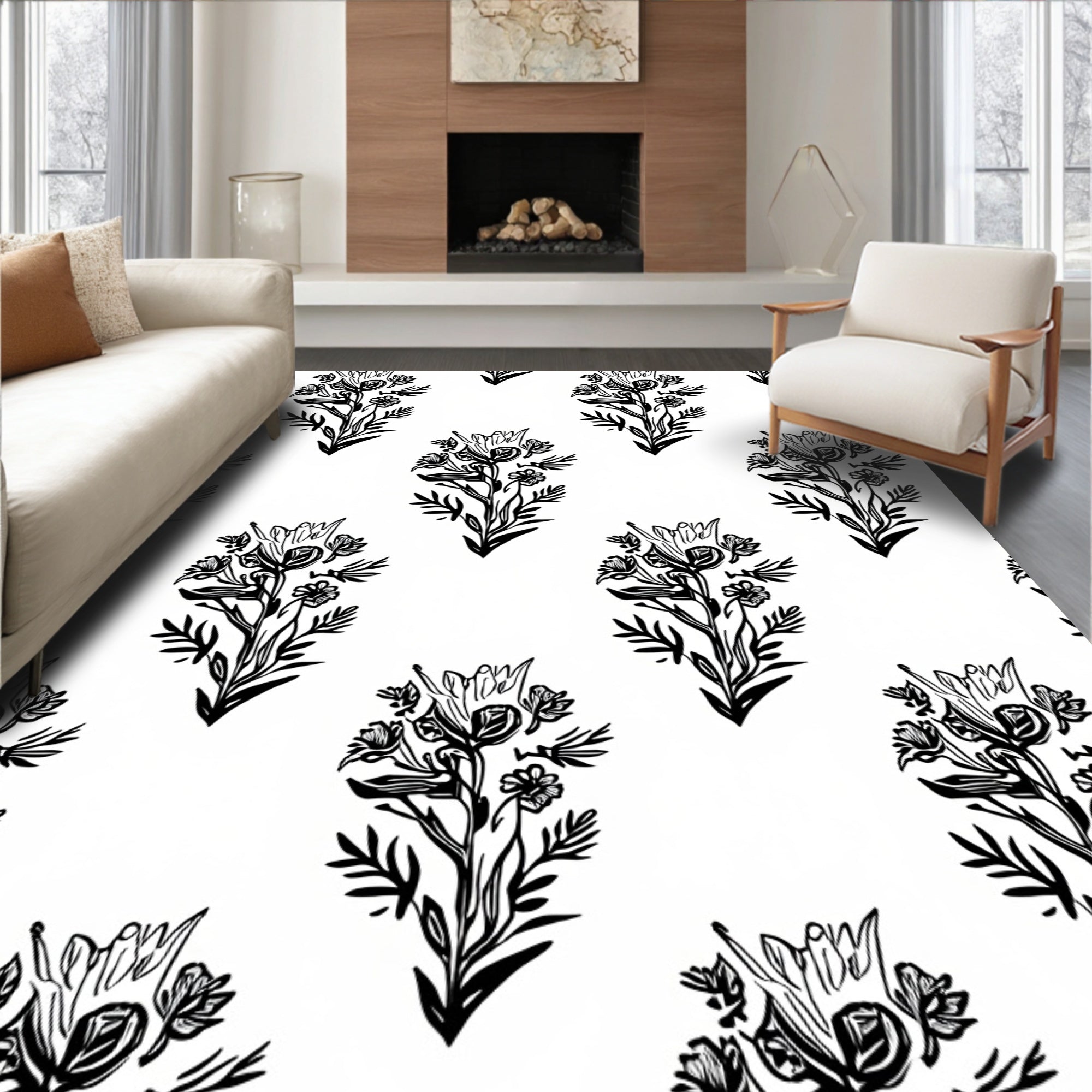 Black White Vintage Floral Bouquet Rug