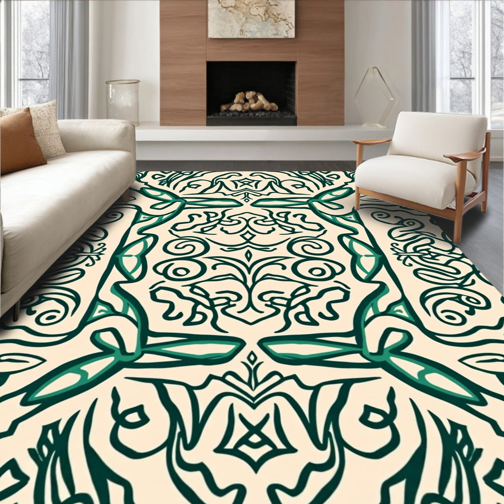 Emerald Green Scrollwork Medallion Ivory Rug