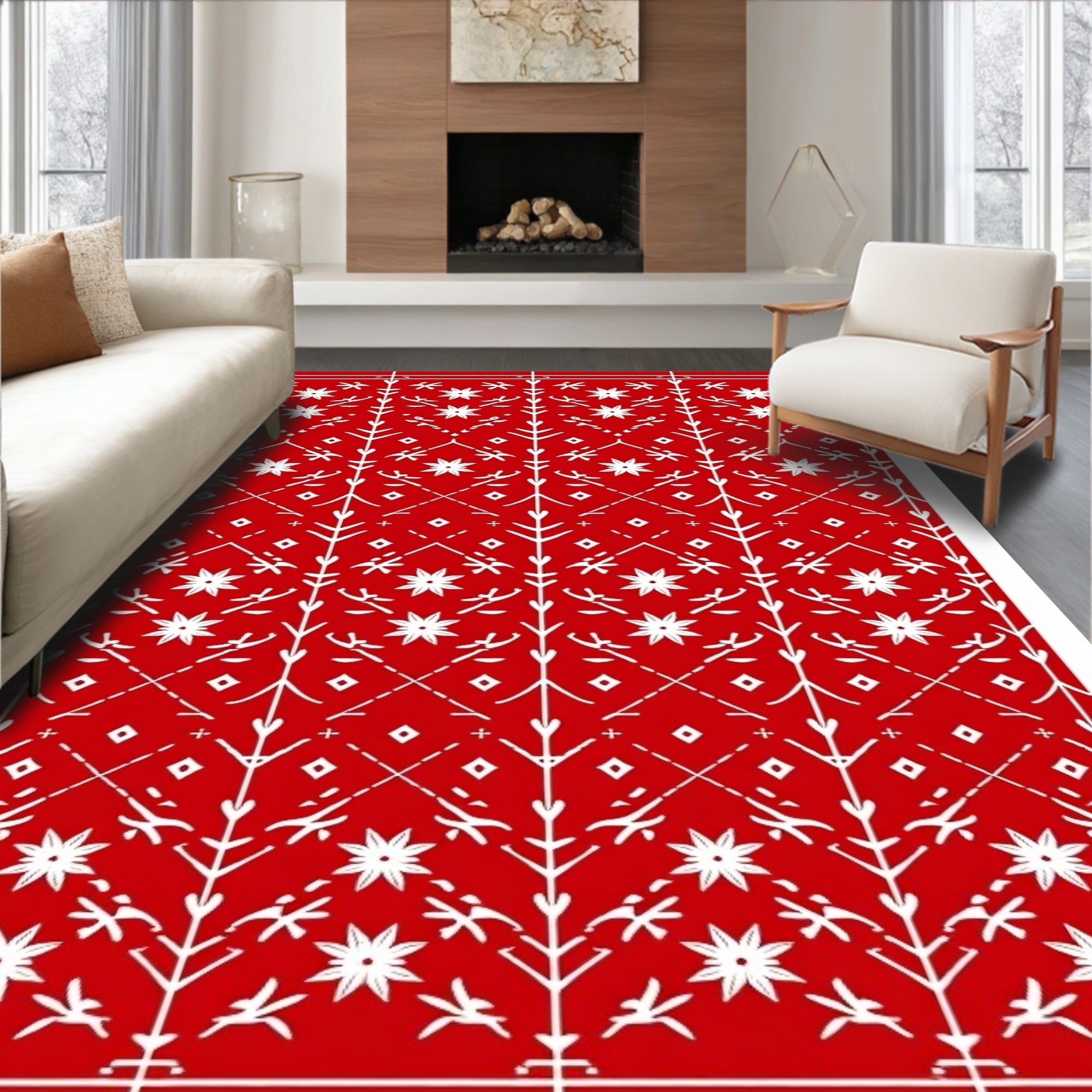 Crimson with White Folk Star Elements Rug