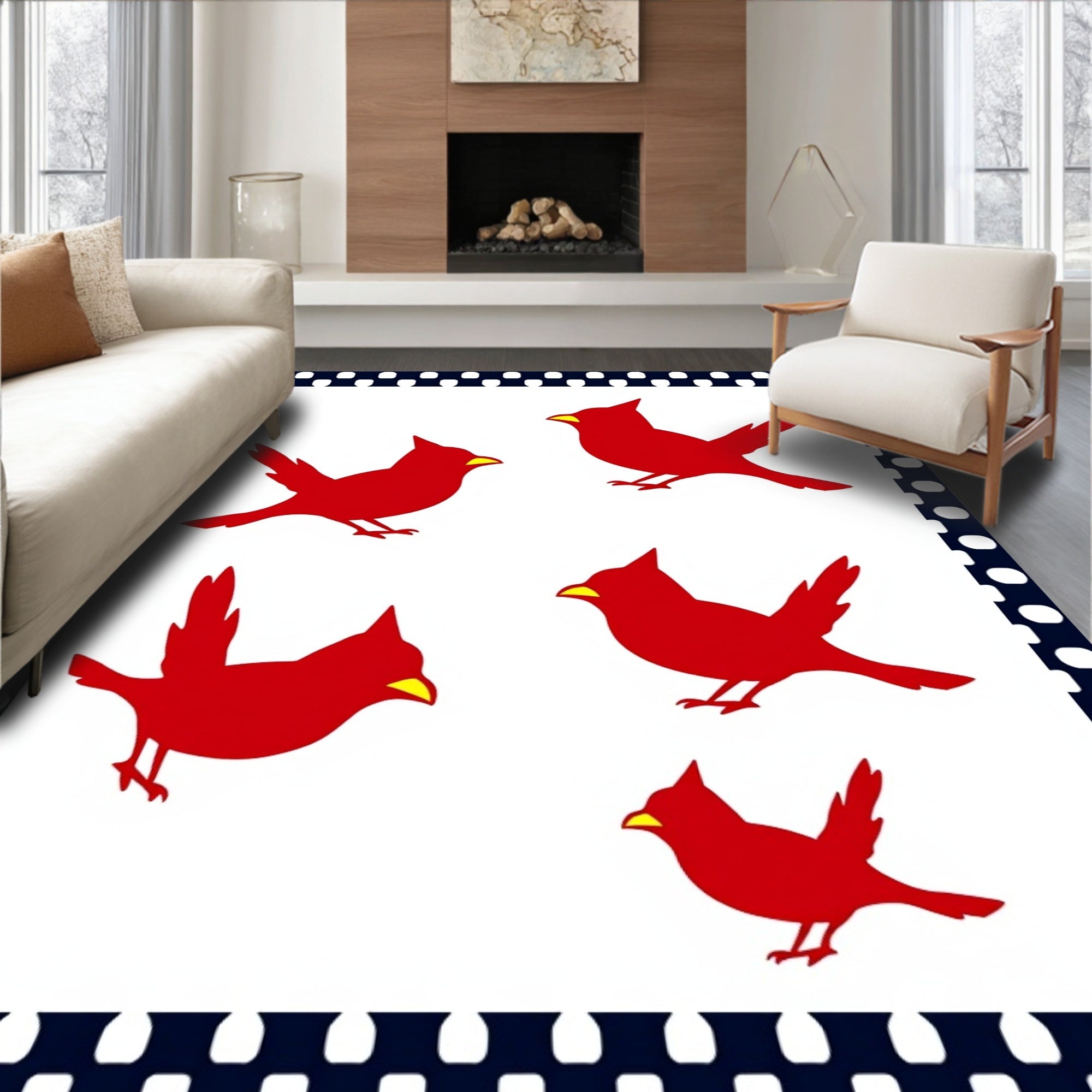 Red Cardinal Flock White Background Rug