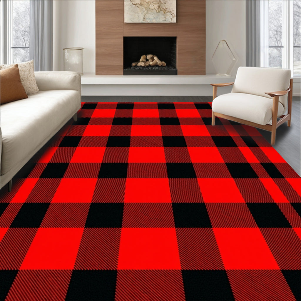 Bold Red Black Plaid Squares Rug