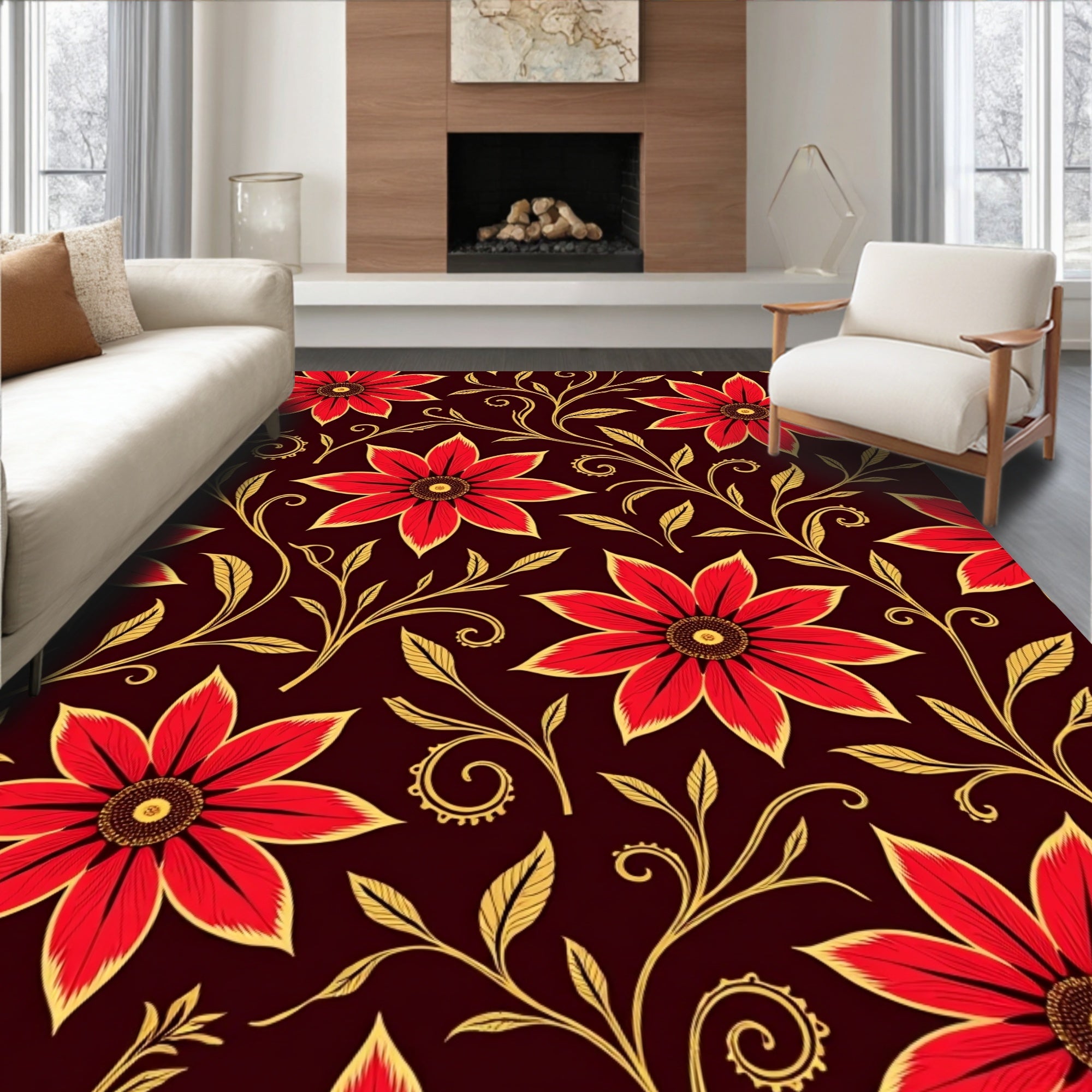 Crimson Floral Swirl Medallion Rug