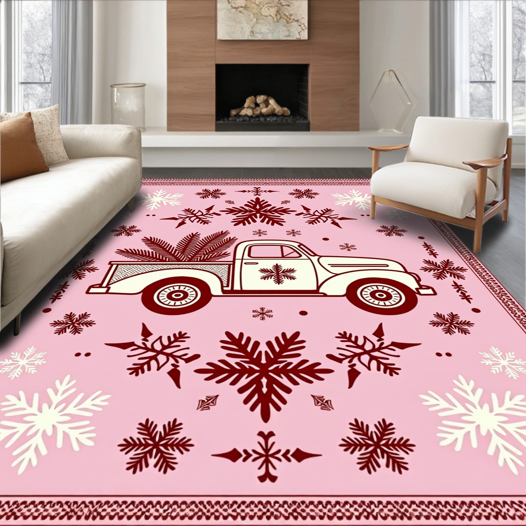 Vintage Red Truck Snowflake Motif Rug