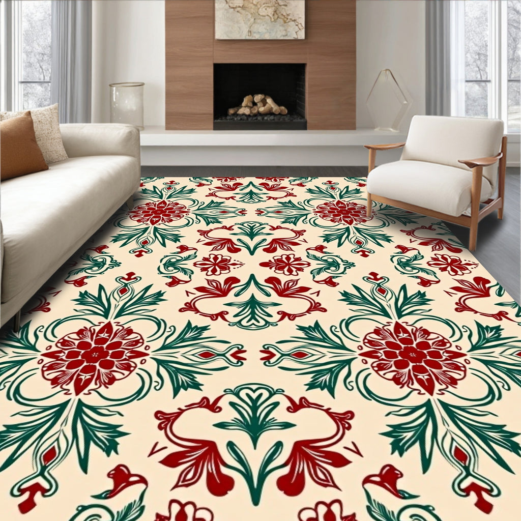 Crimson Green Floral Medallion Damask Rug